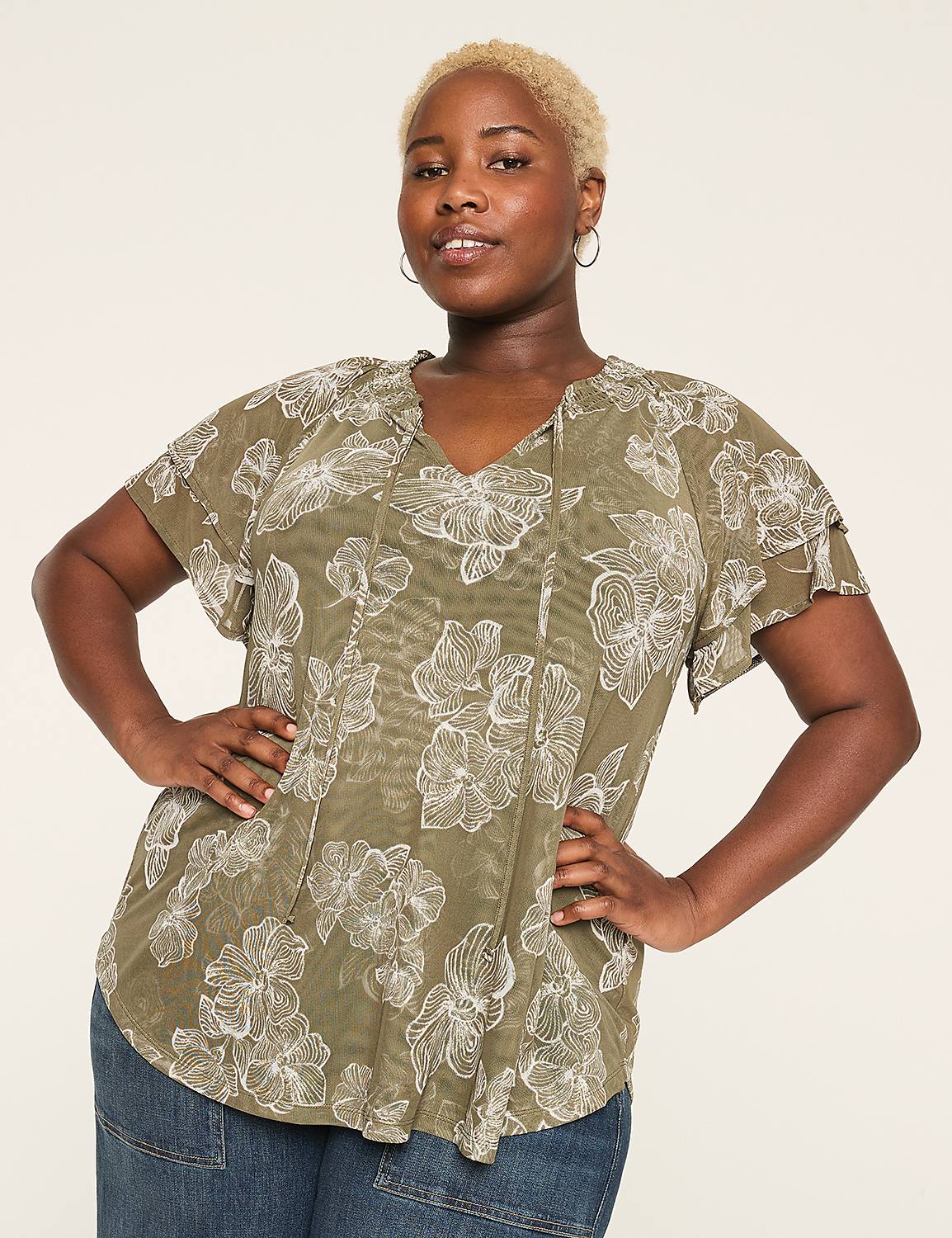 Mesh Smocked Tie-Neck Top Product Image 1