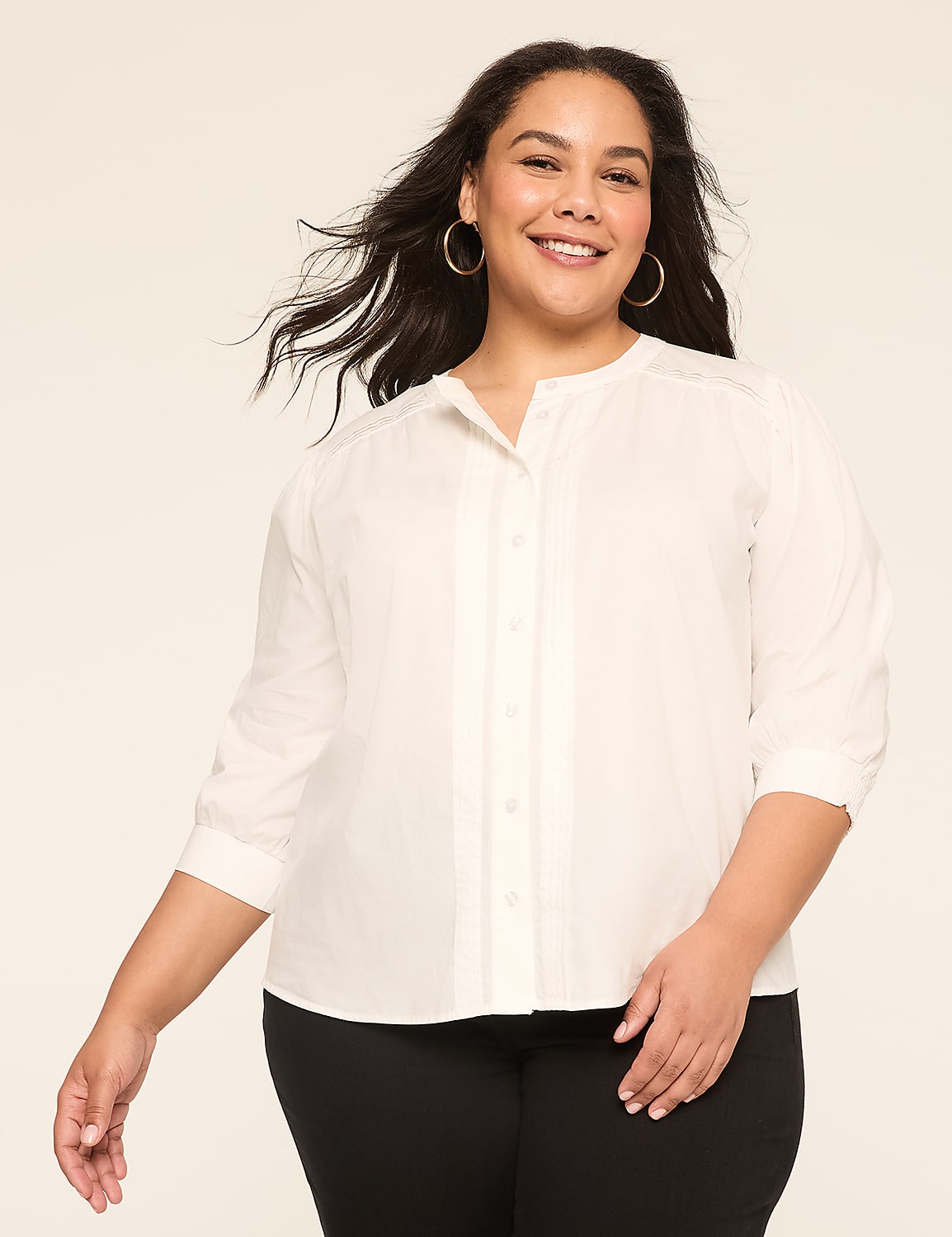 3/4-Sleeve Pintuck Button-Down Blouse Product Image 1