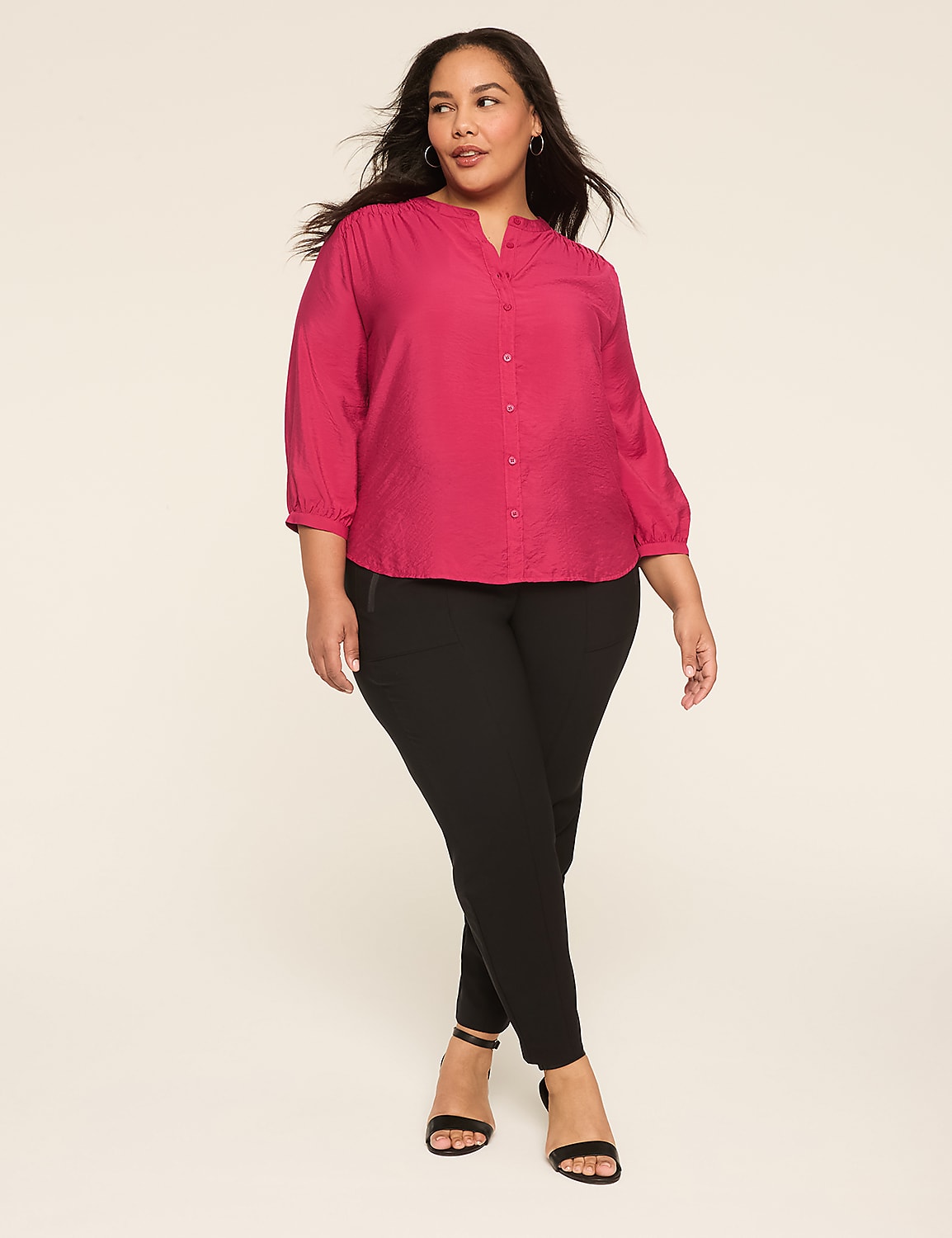 3/4-Sleeve Crew-Neck Button-Front Top Product Image 3