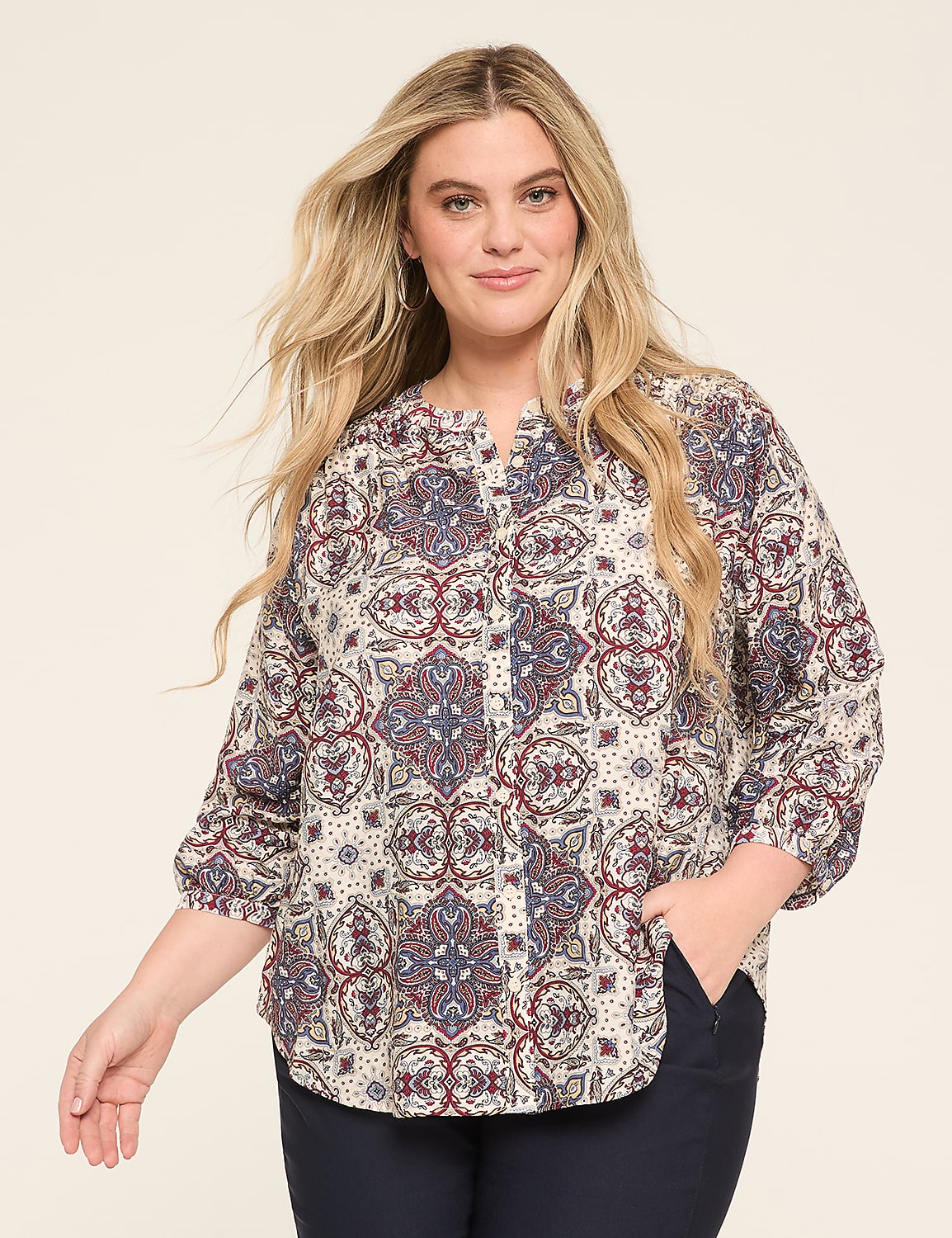 3/4-Sleeve Crew-Neck Button-Front Top Product Image 1