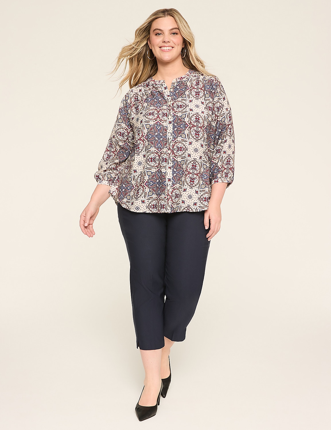 3/4-Sleeve Crew-Neck Button-Front Top Product Image 3