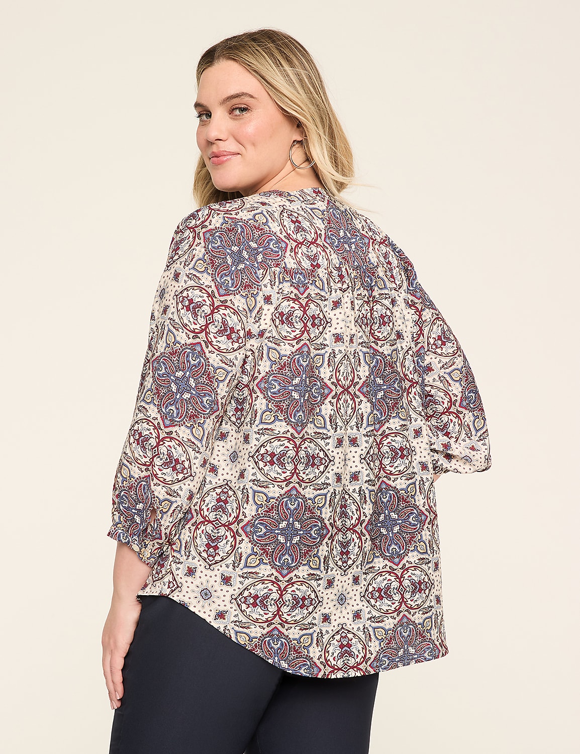 3/4-Sleeve Crew-Neck Button-Front Top Product Image 2