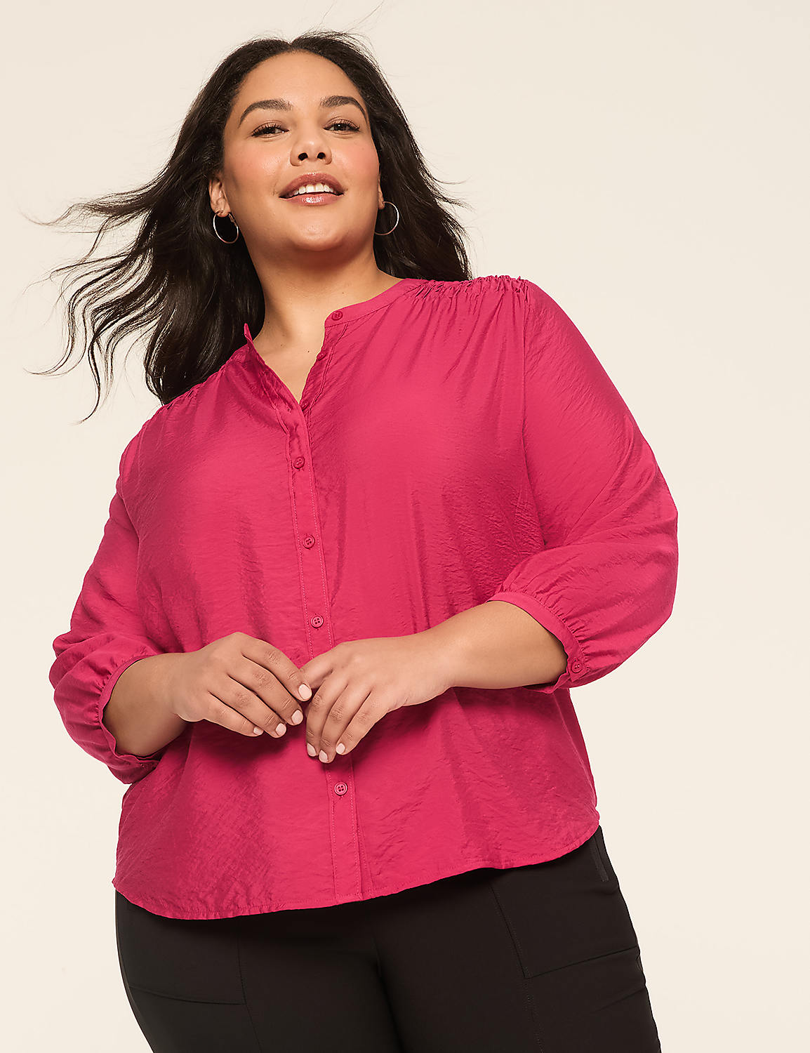 3/4-Sleeve Crew-Neck Button-Front Top Product Image 1