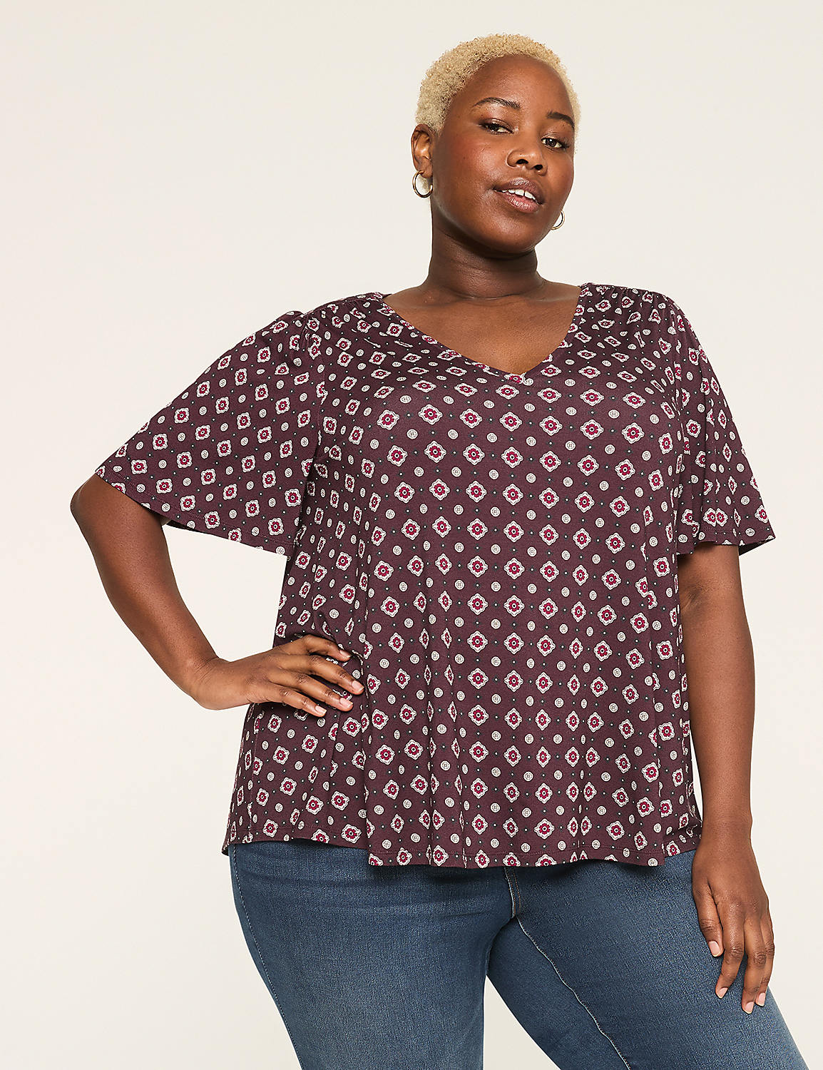 Elbow-Sleeve Shirred-Shoulder Top Product Image 1