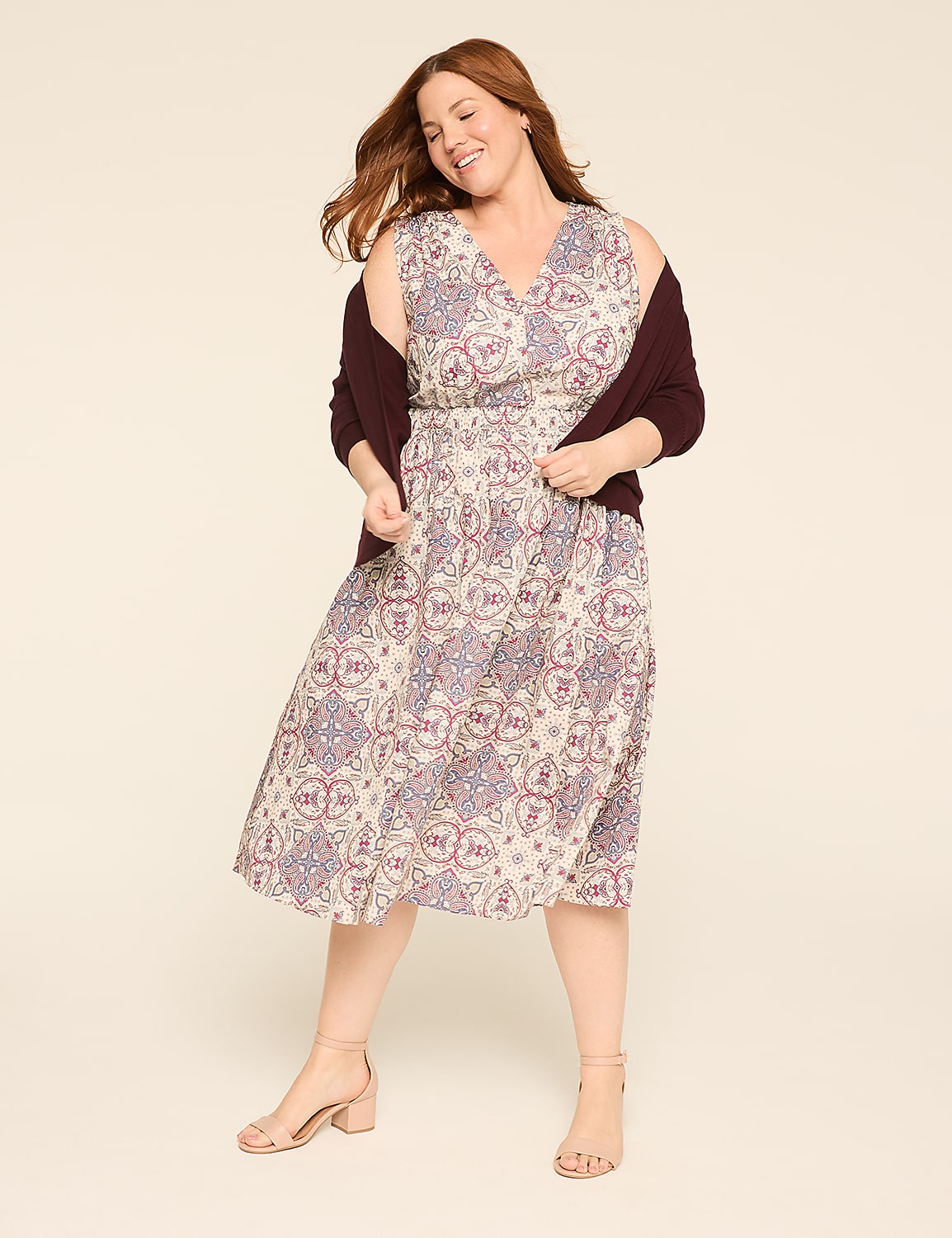 Shirred-Shoulder Smocked-Waist Midi Dress Product Image 1