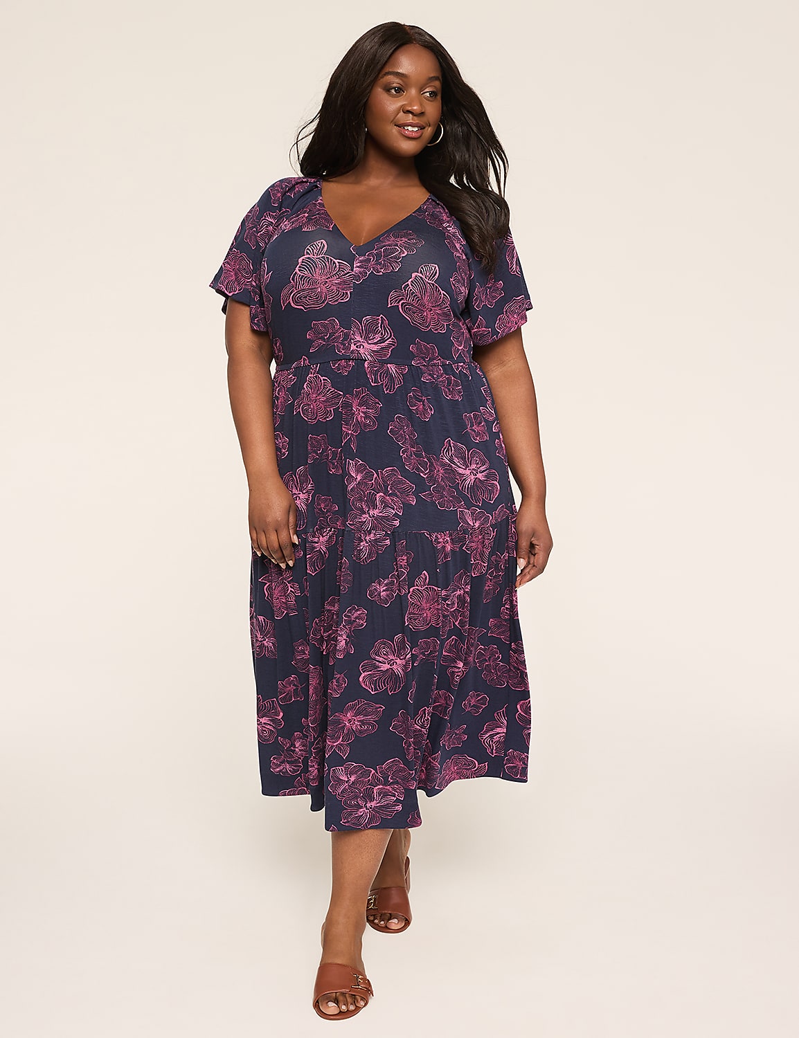 Flutter-Sleeve V-Neck Midi Dress Product Image 1