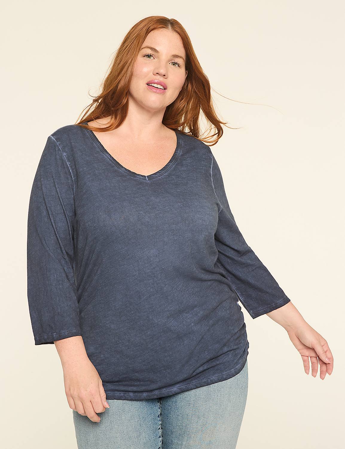 3/4-Sleeve V-Neck Side-Ruched Top Product Image 1
