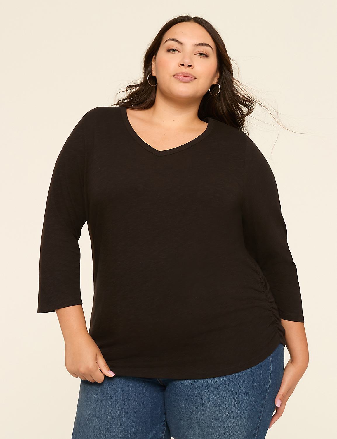 3/4-Sleeve V-Neck Side-Ruched Top Product Image 1