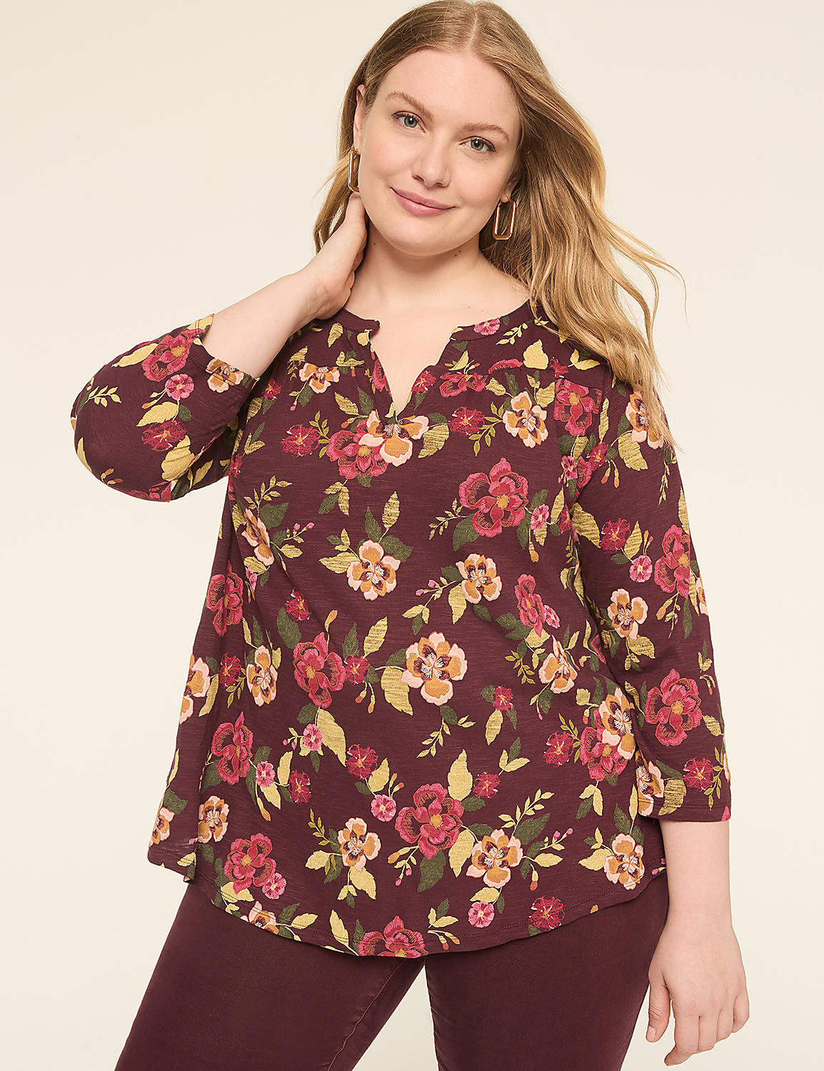 3/4-Sleeve Notch-Neck Top Product Image 1