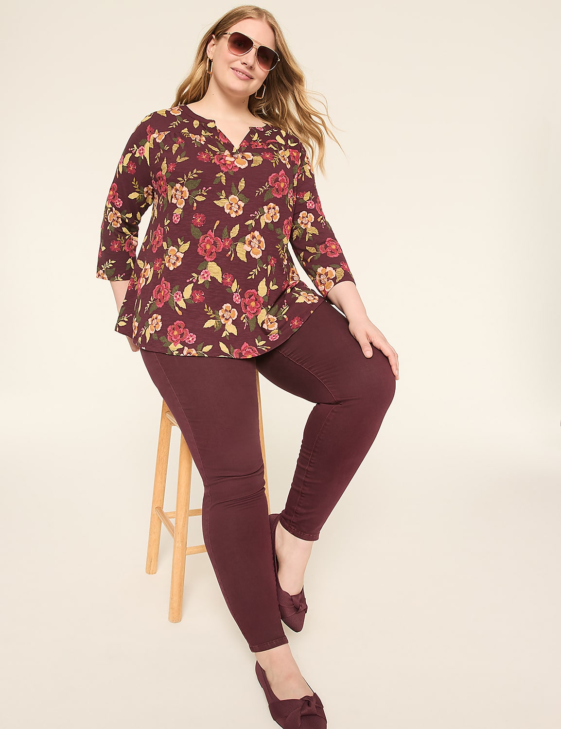 3/4-Sleeve Notch-Neck Top Product Image 3