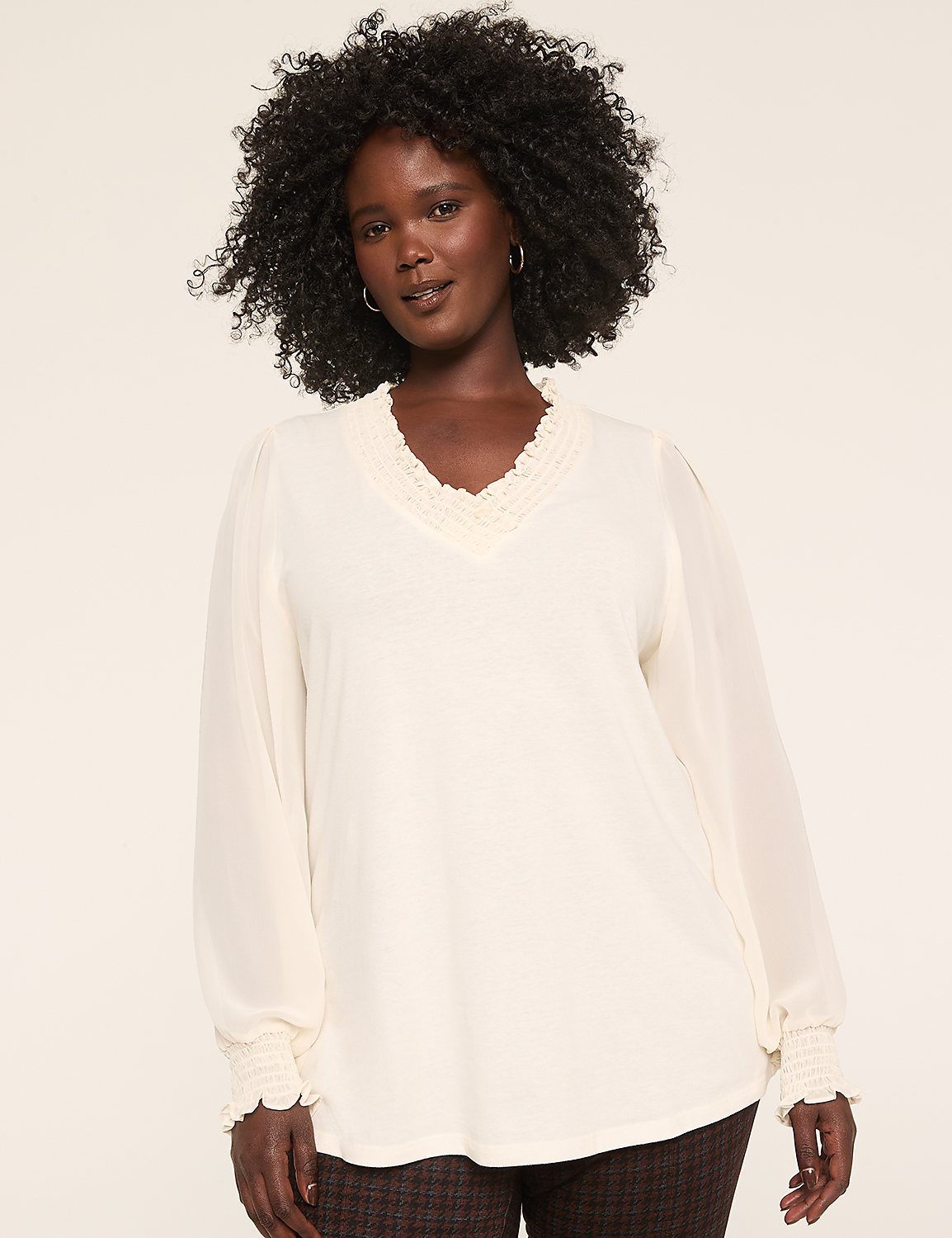 Knit & Woven Smocked V-Neck Top Product Image 1
