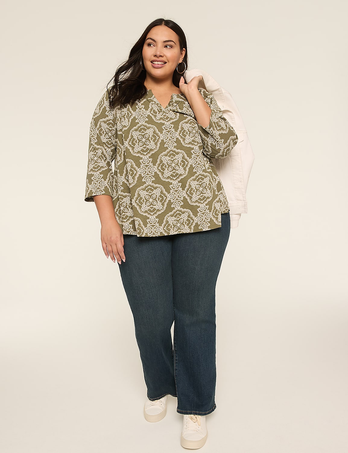 3/4-Sleeve Notch-Neck Top Product Image 3