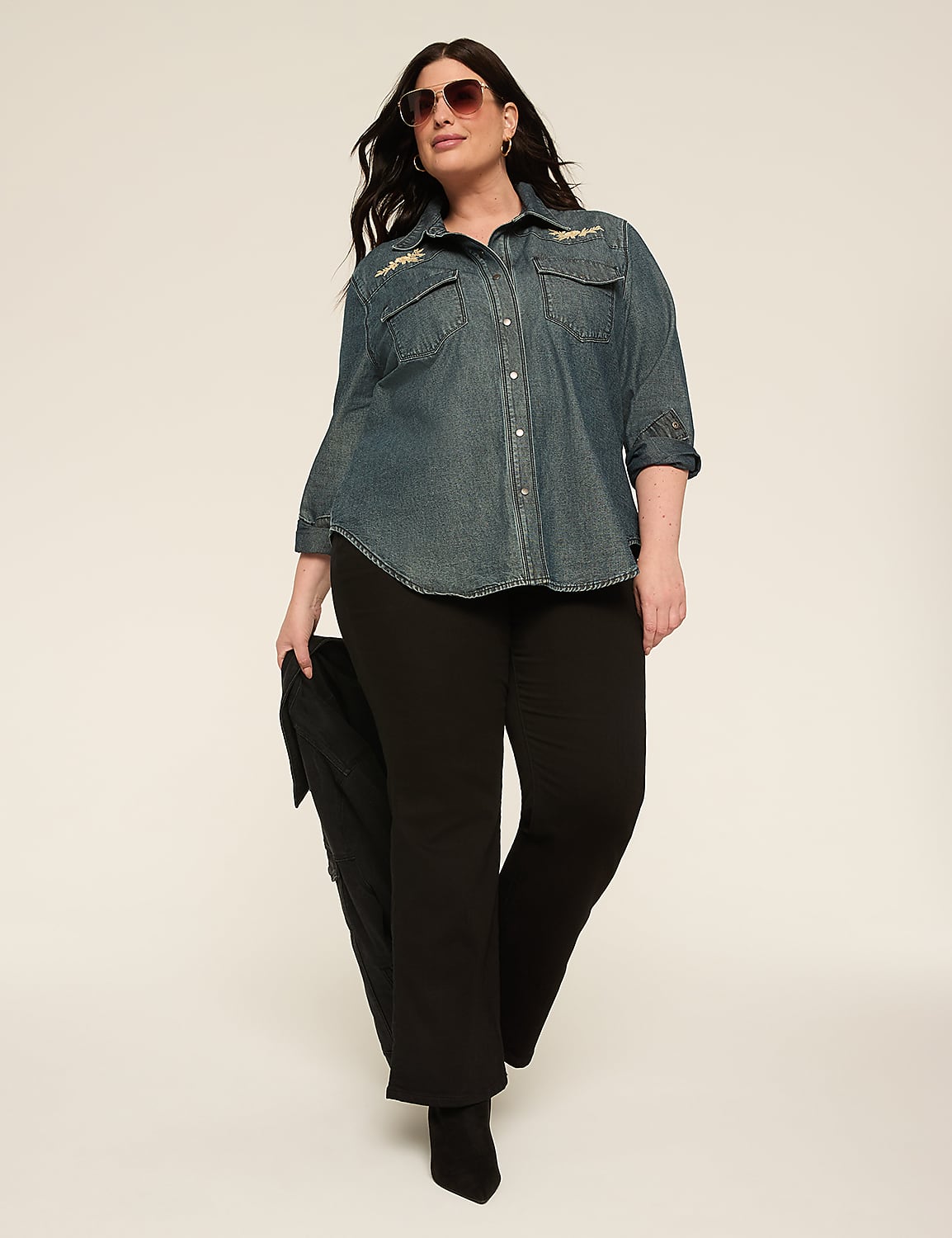 Denim Applique Button-Down Blouse Product Image 3