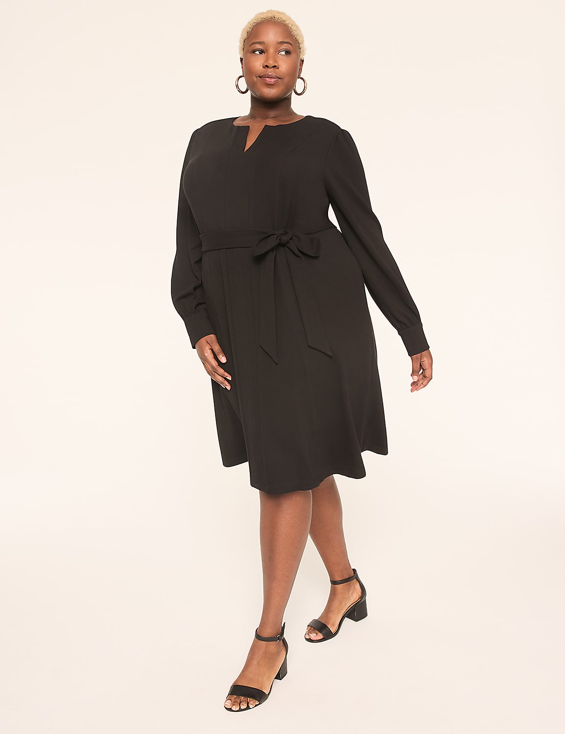 Ponte Twill Tie-Waist Long-Sleeve Dress Product Image 1