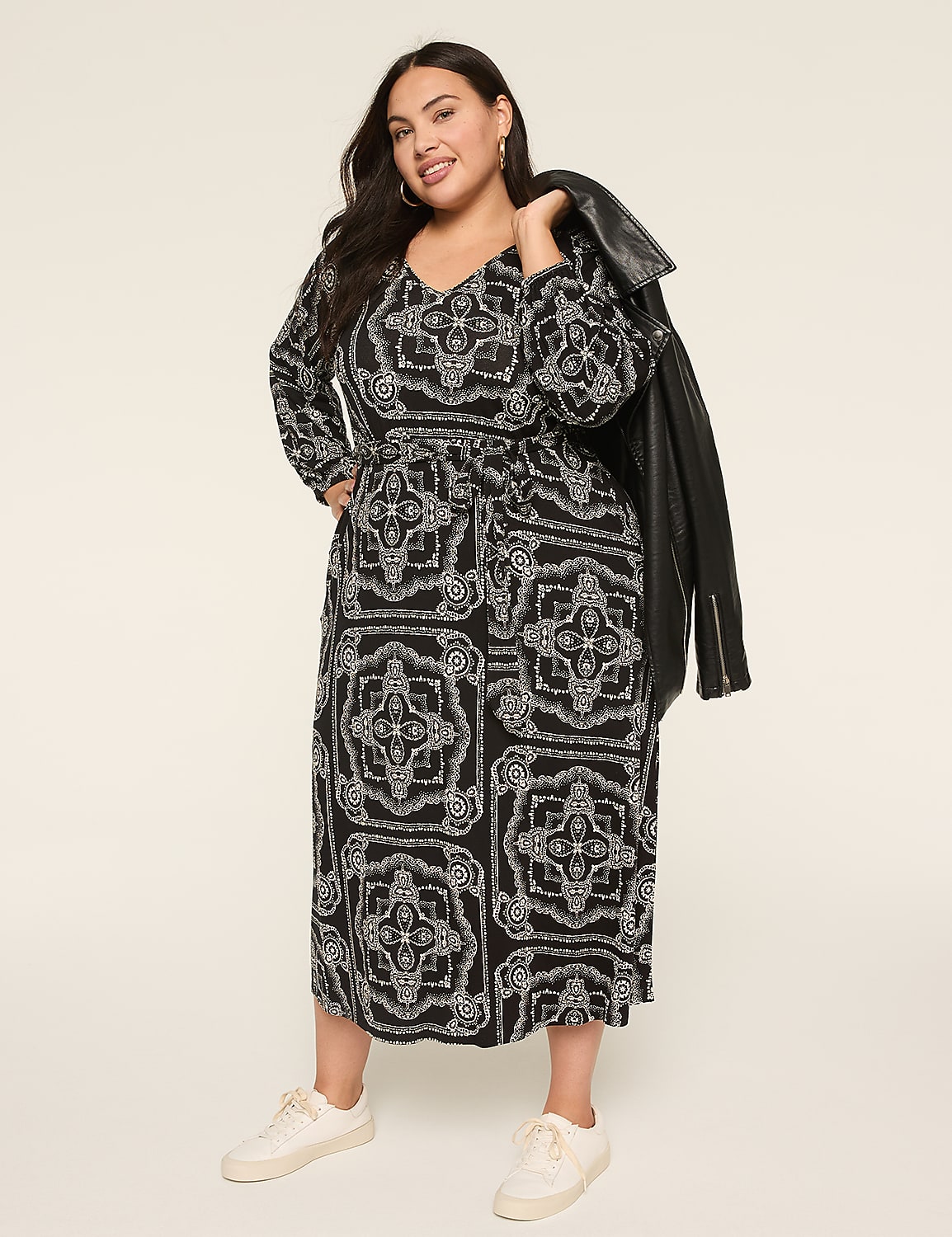 3/4-Sleeve Tie-Waist Midi Dress Product Image 1