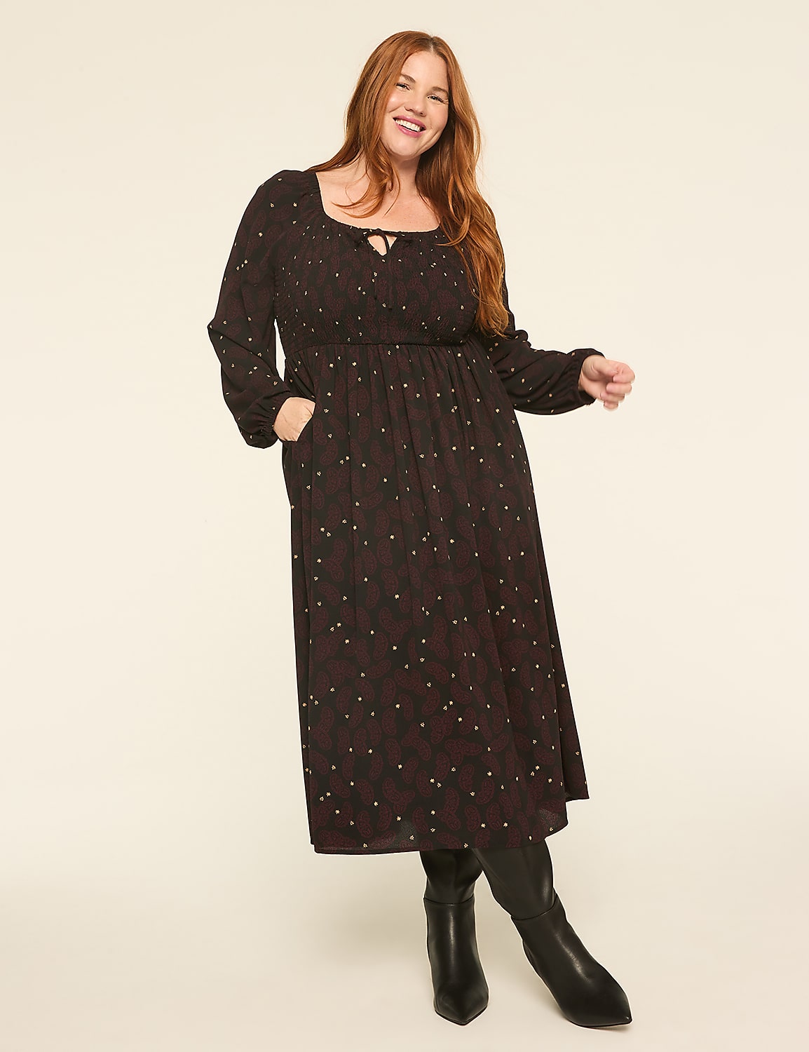 Smocked-Bodice Tie-Neck Maxi Dress Product Image 1