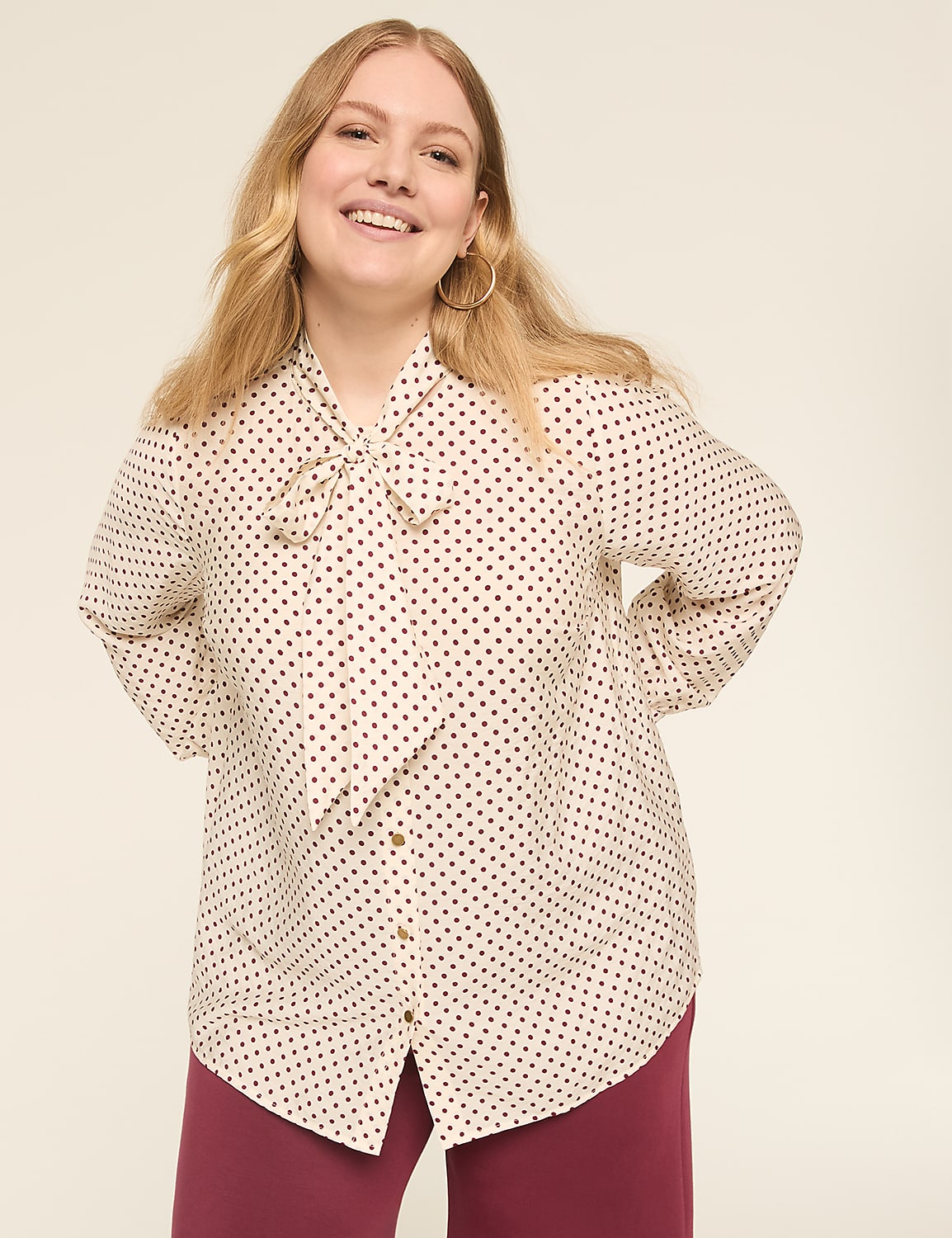 Long-Sleeve Tie-Neck Button-Down Blouse Product Image 1