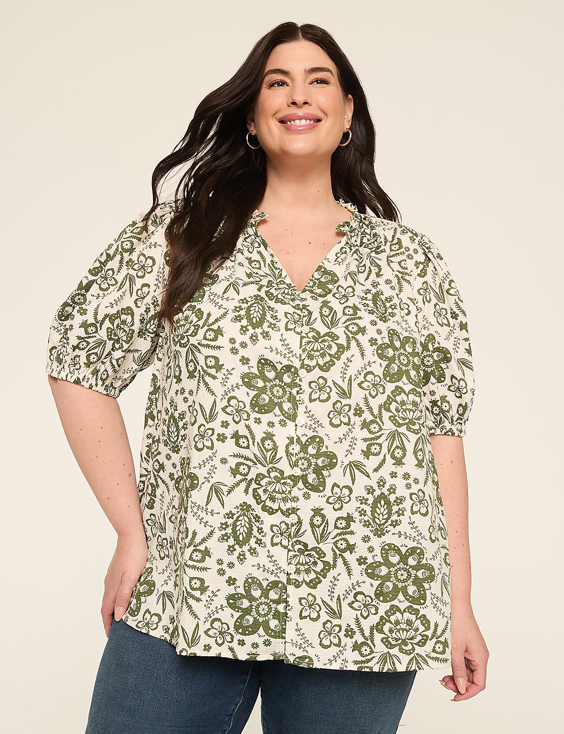 Swing Bubble-Sleeve Button-Front Blouse Product Image 1