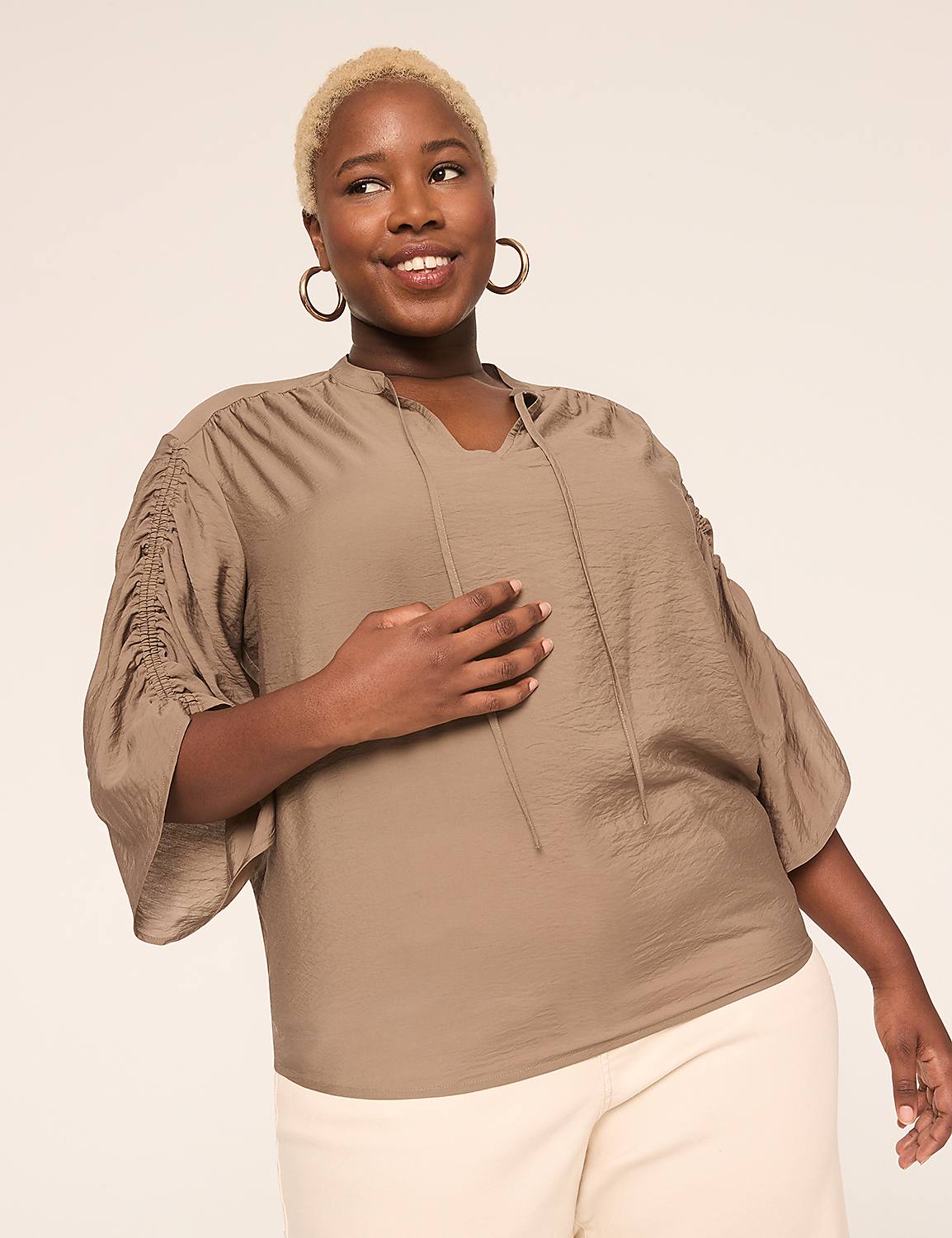 Relaxed 3/4-Sleeve Notch-Neck Popover Product Image 1
