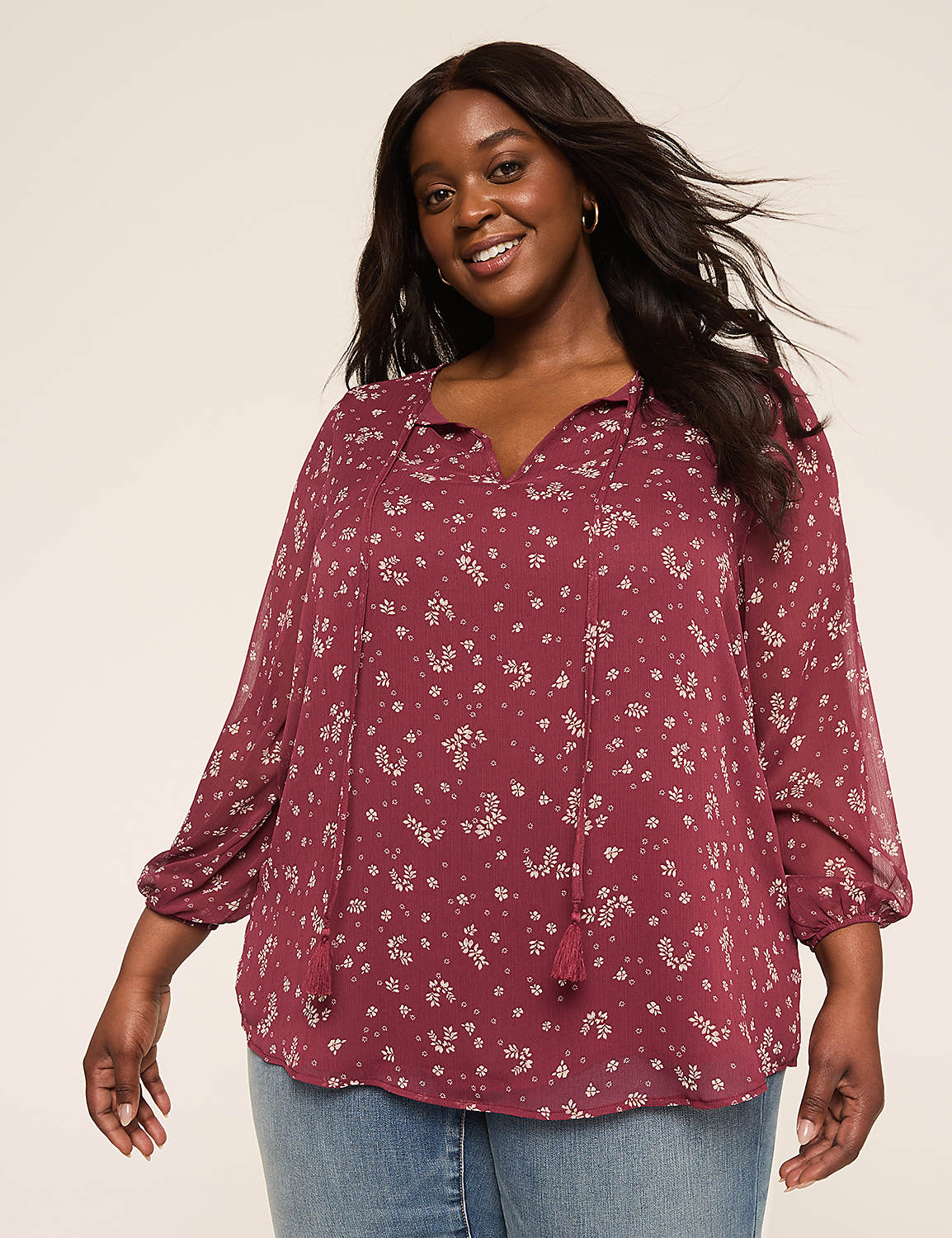 Tassel-Tie Notch-Neck Popover Blouse Product Image 1