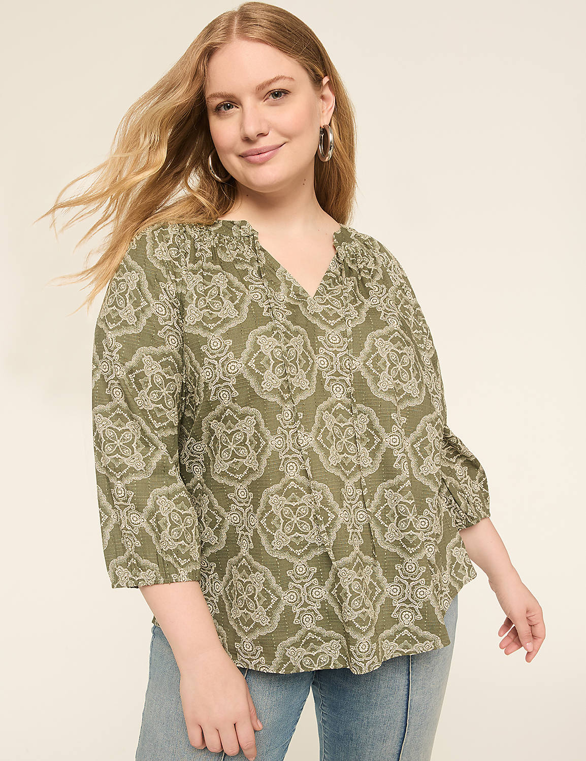 Swing 3/4-Sleeve Split-Neck Popover Blouse Product Image 1