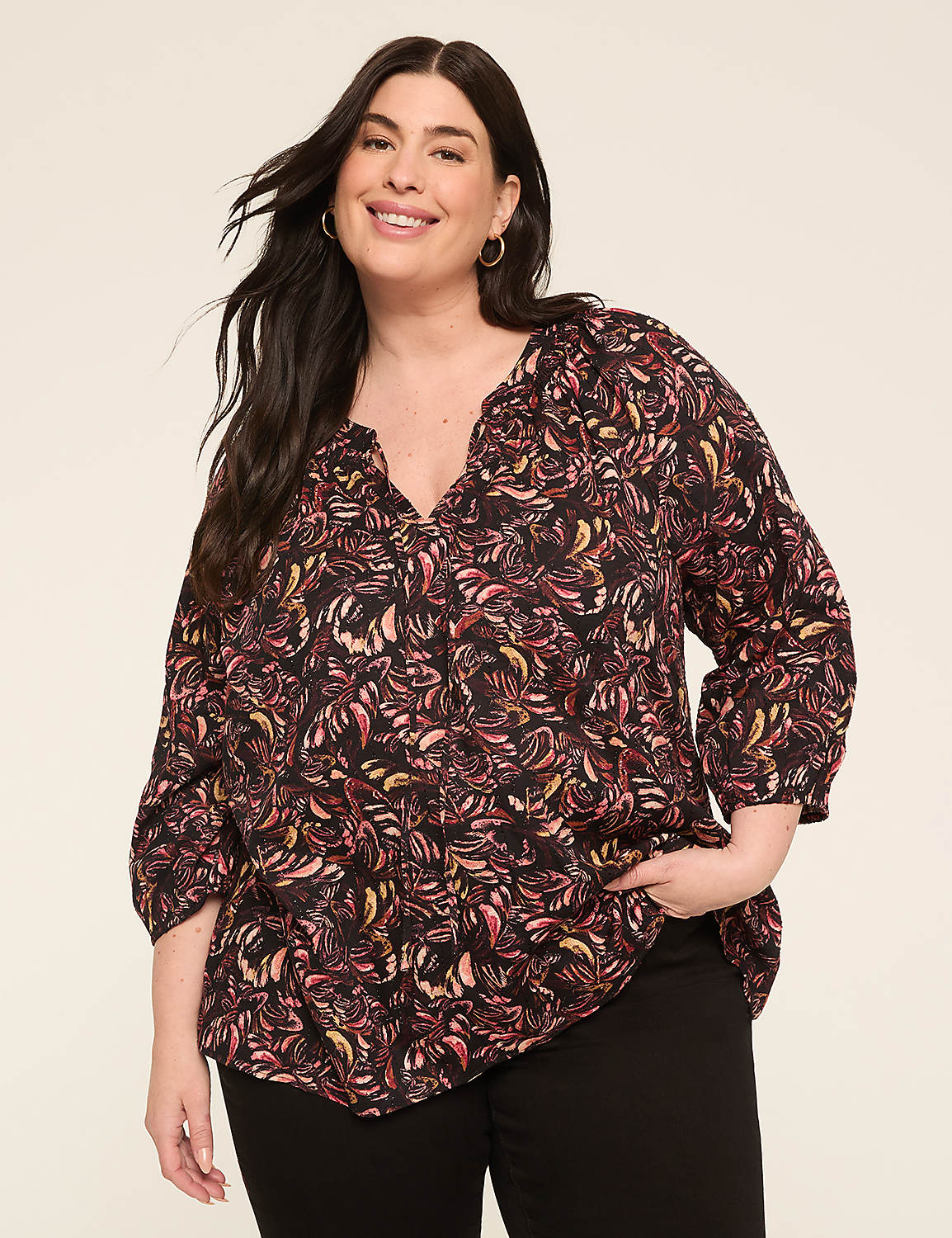 Swing 3/4-Sleeve Split-Neck Popover Blouse Product Image 1