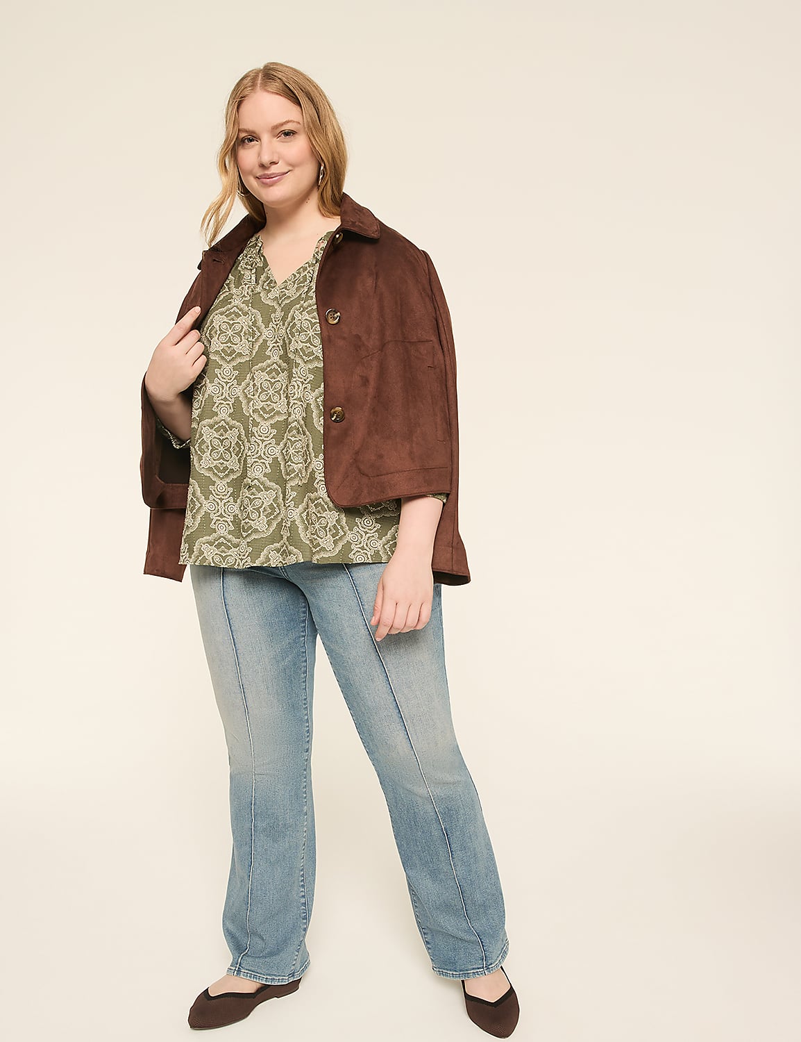 Swing 3/4-Sleeve Split-Neck Popover Blouse Product Image 3