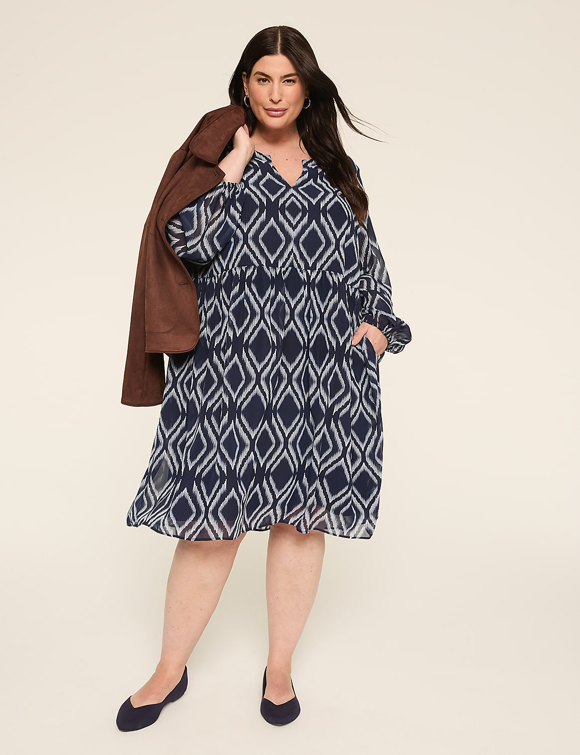 Long-Sleeve Split-Neck Dress Product Image 1