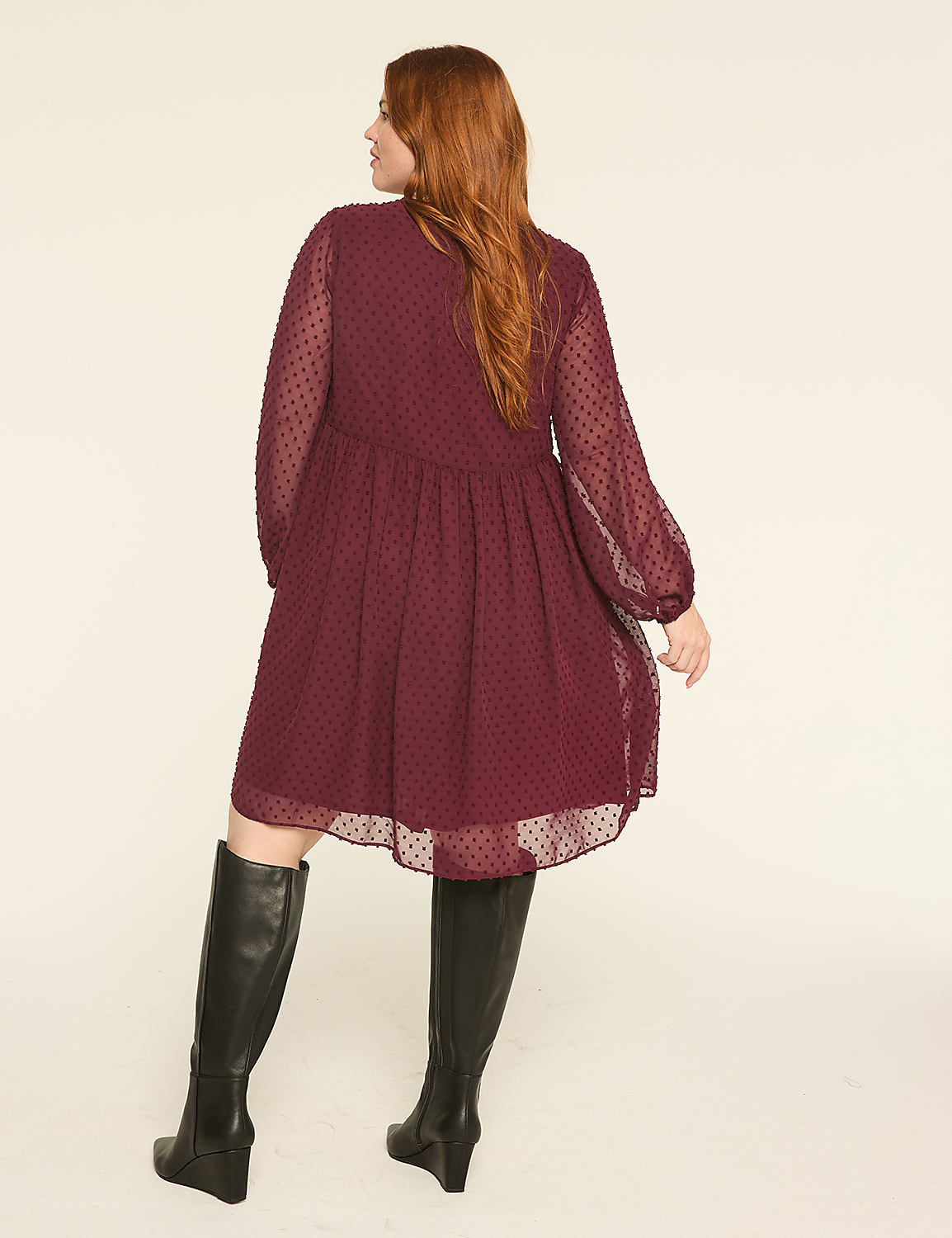Textured Long-Sleeve Split-Neck Dress Product Image 2
