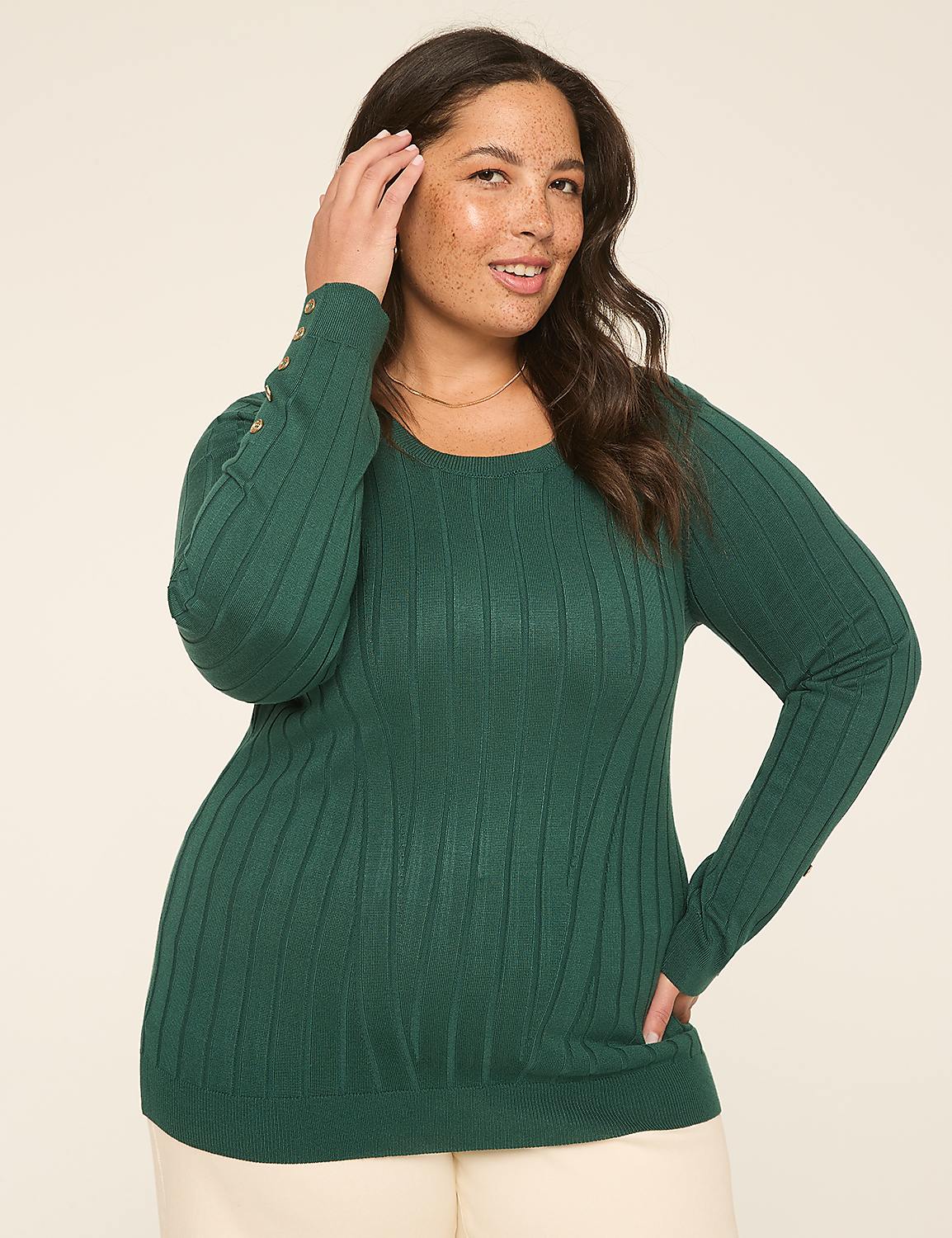 Button-Sleeve Ribbed Pullover Sweater Product Image 1