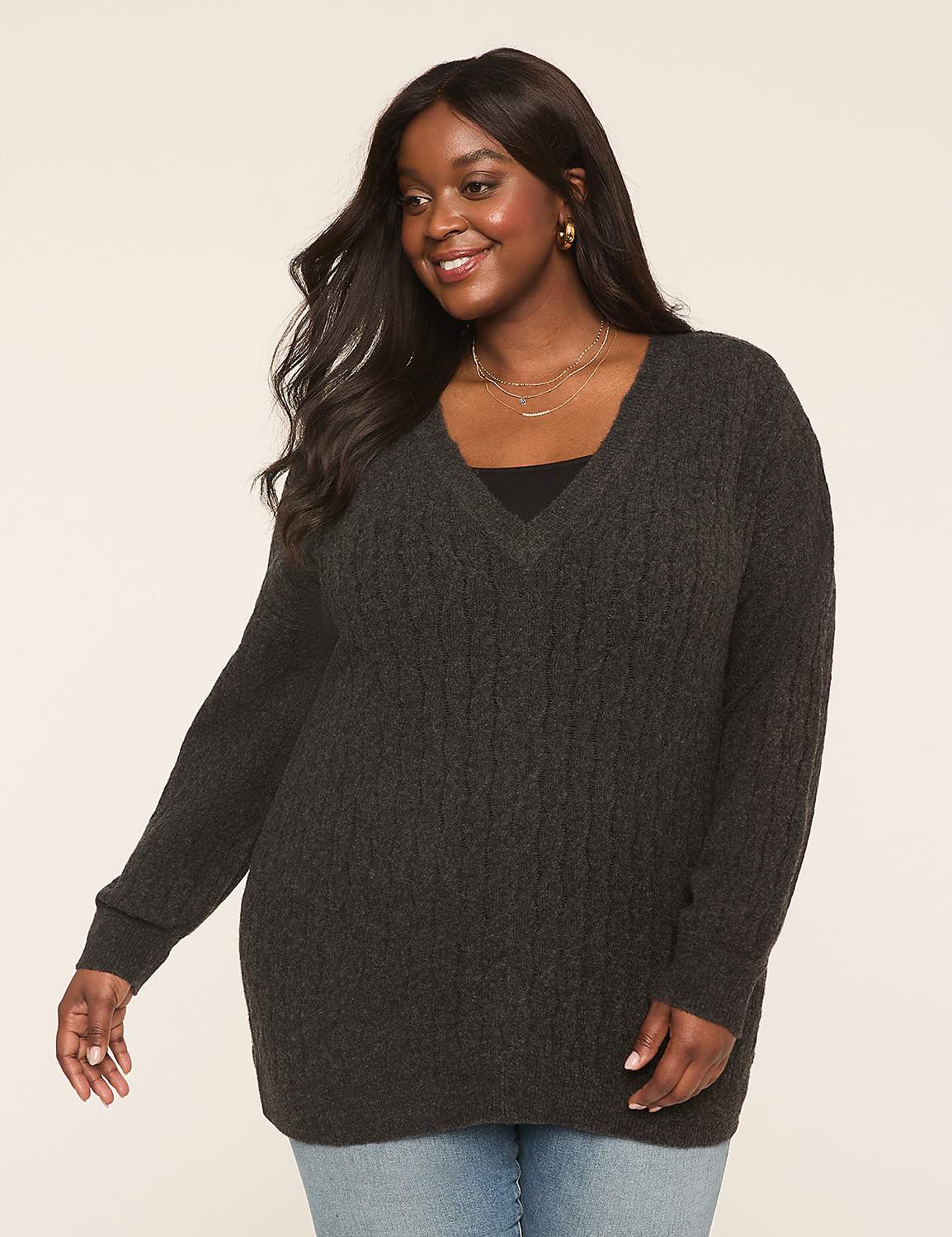 V-Neck Cable Knit Pullover Sweater Product Image 1