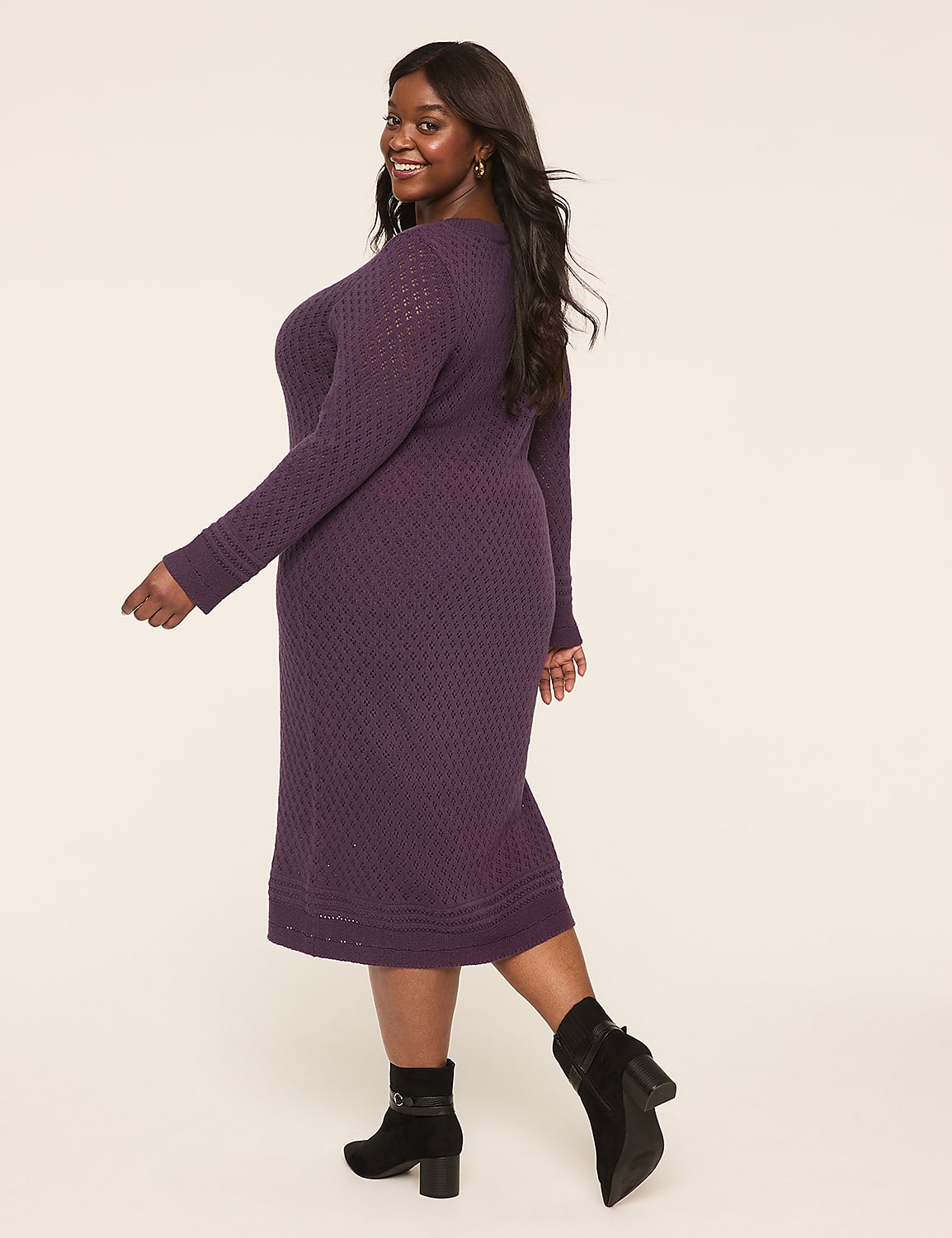Long-Sleeve Pointelle Sweater Midi Dress Product Image 2