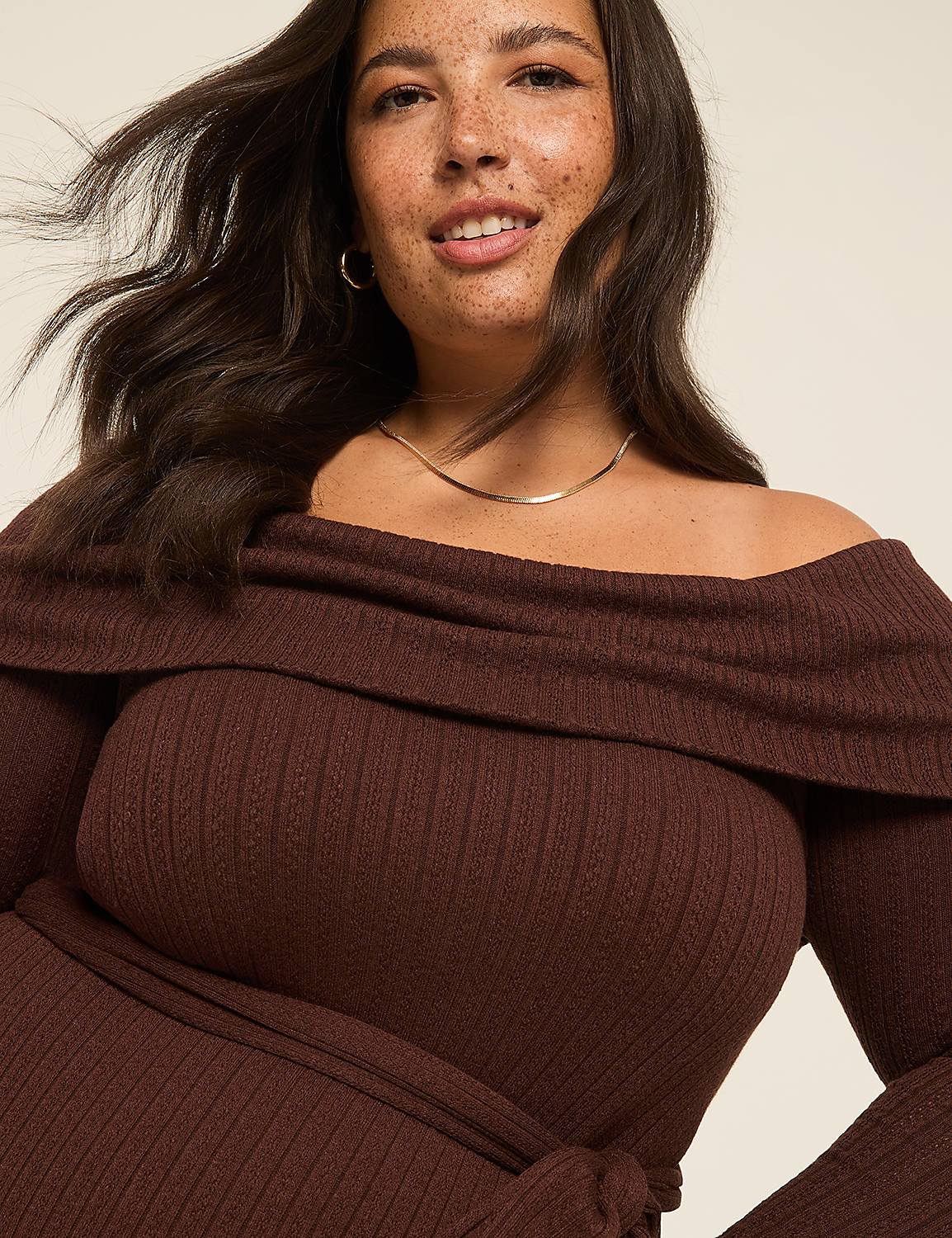 brown off the shoulder sweater dress Women's Dark brown Rib-knit off-the-shoulder dress