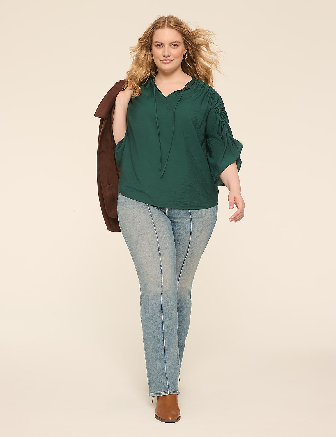 Relaxed 3/4-Sleeve Notch-Neck Popover Product Image 3