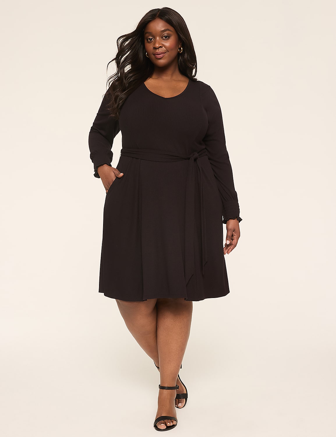 Long-Sleeve Smocked-Cuff Rib Dress Product Image 1