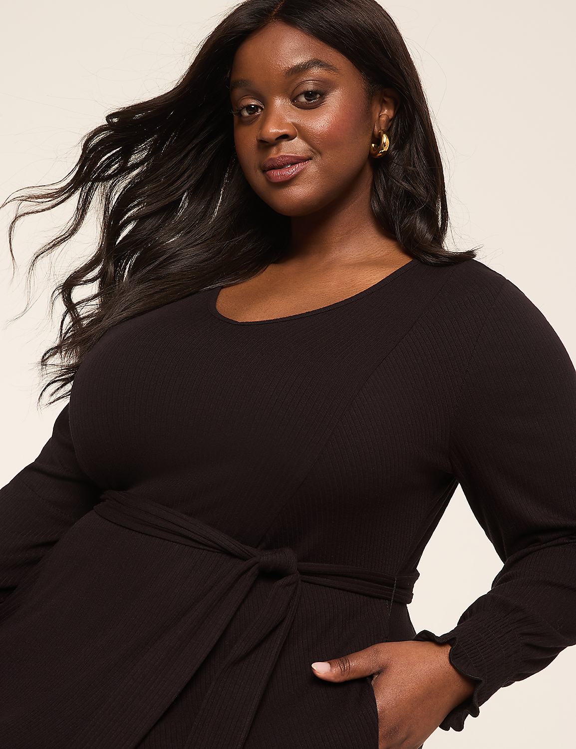 Long-Sleeve Smocked-Cuff Rib Dress Product Image 3