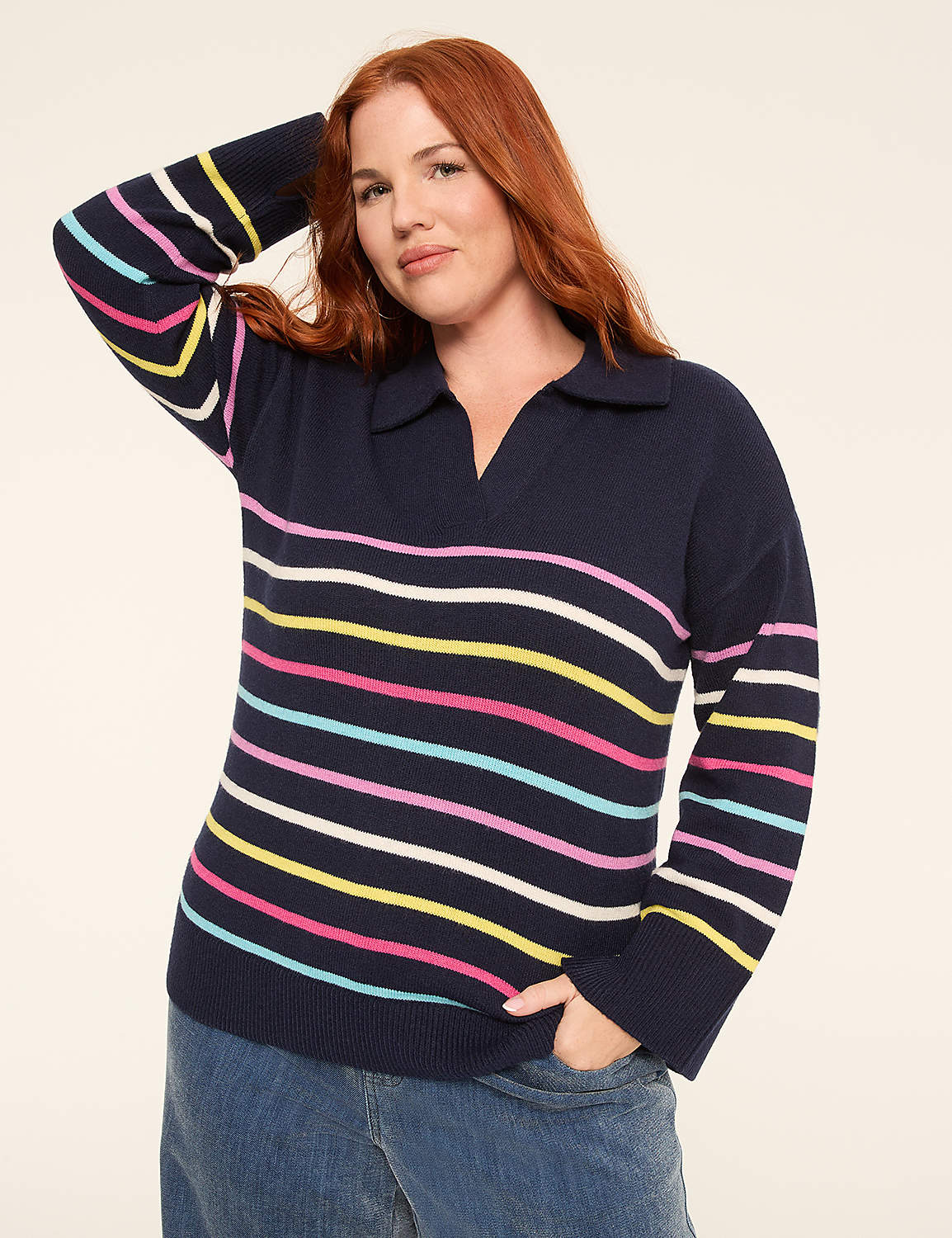 Long-Sleeve V-Neck Collar Sweater Product Image 1