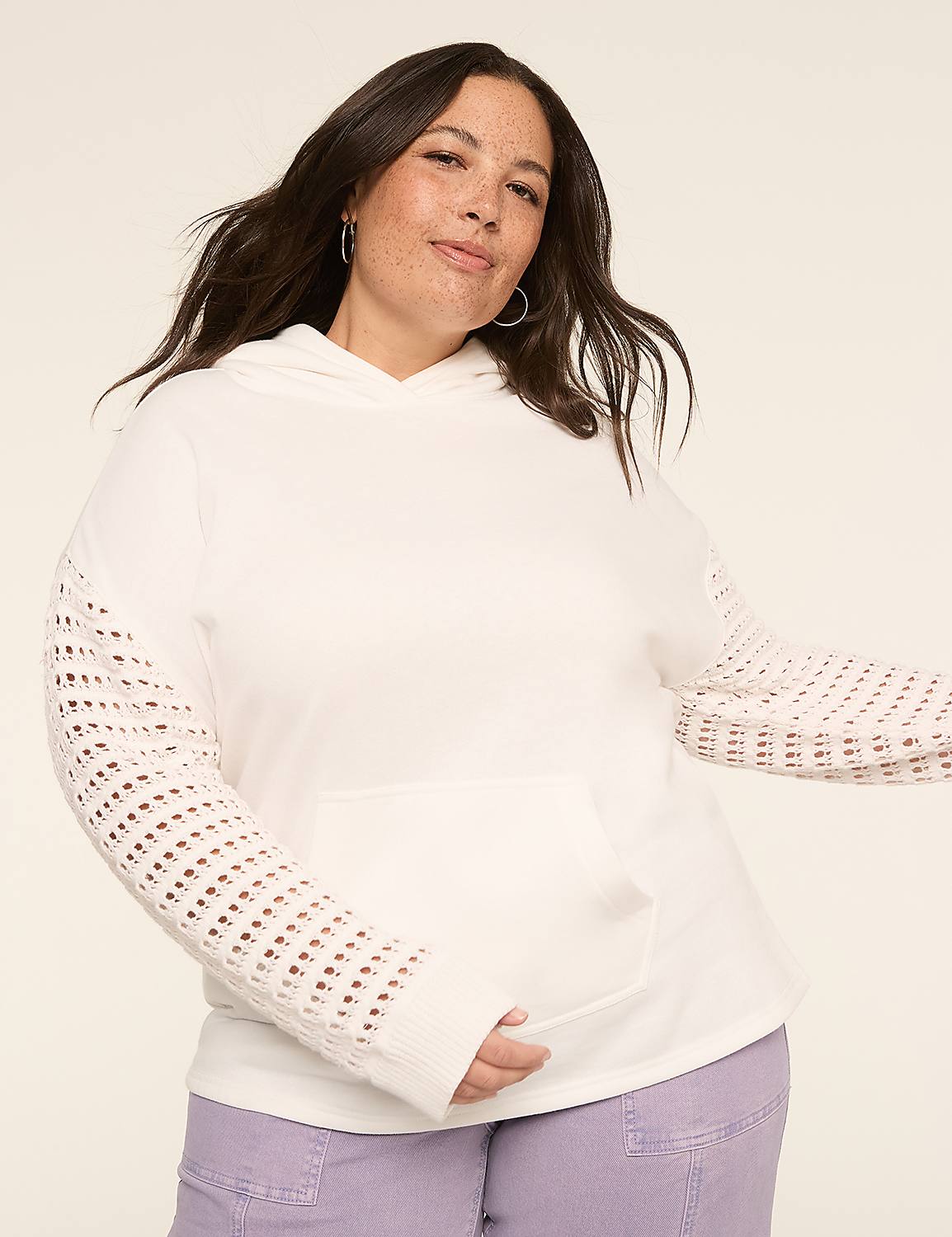 Crochet-Sleeve Hoodie Sweatshirt Product Image 1