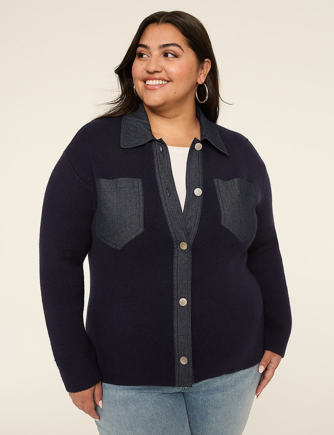 Denim-Trim Button-Front Cardigan Product Image 1