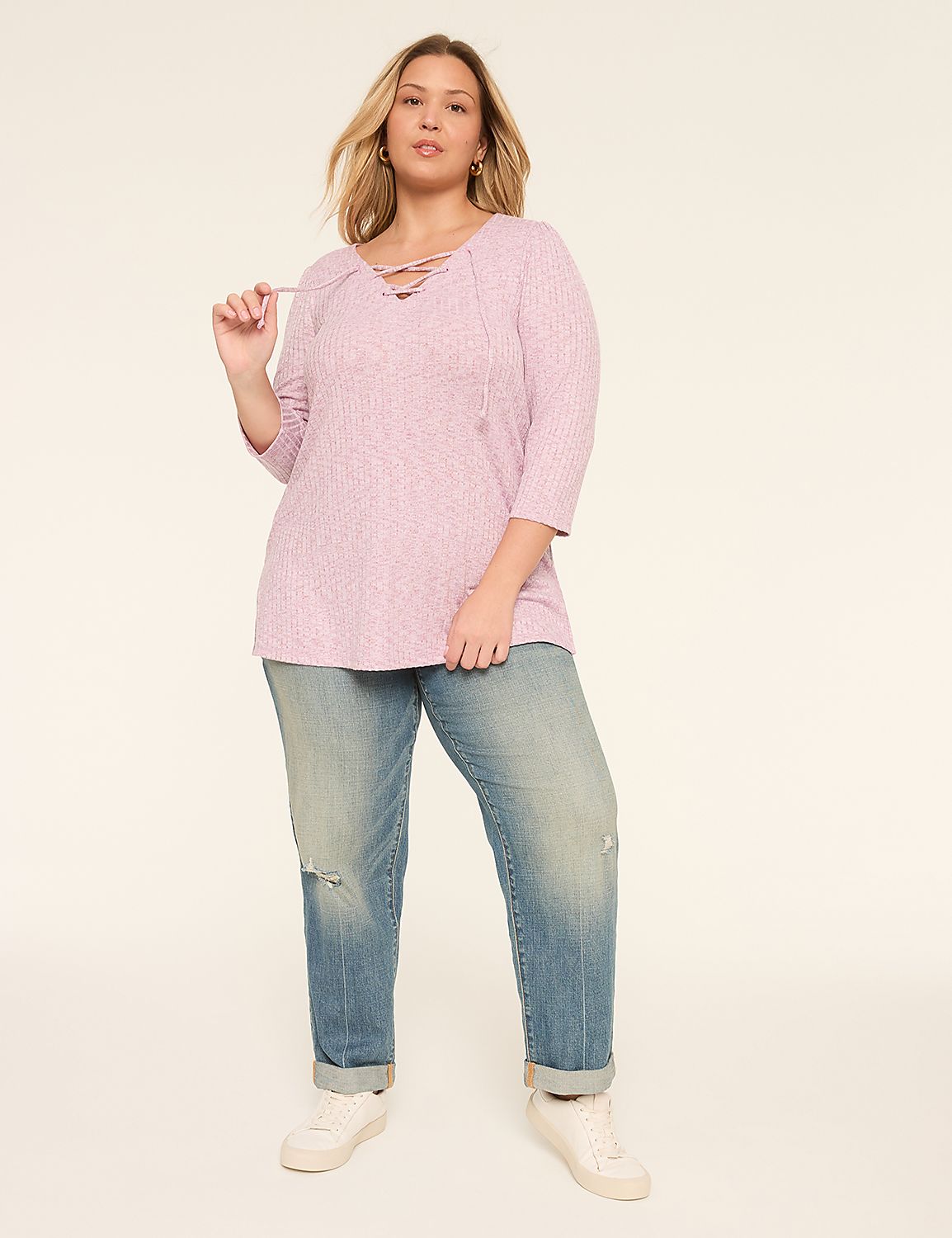 3/4-Sleeve V-Neck Lace-Up Top Product Image 3