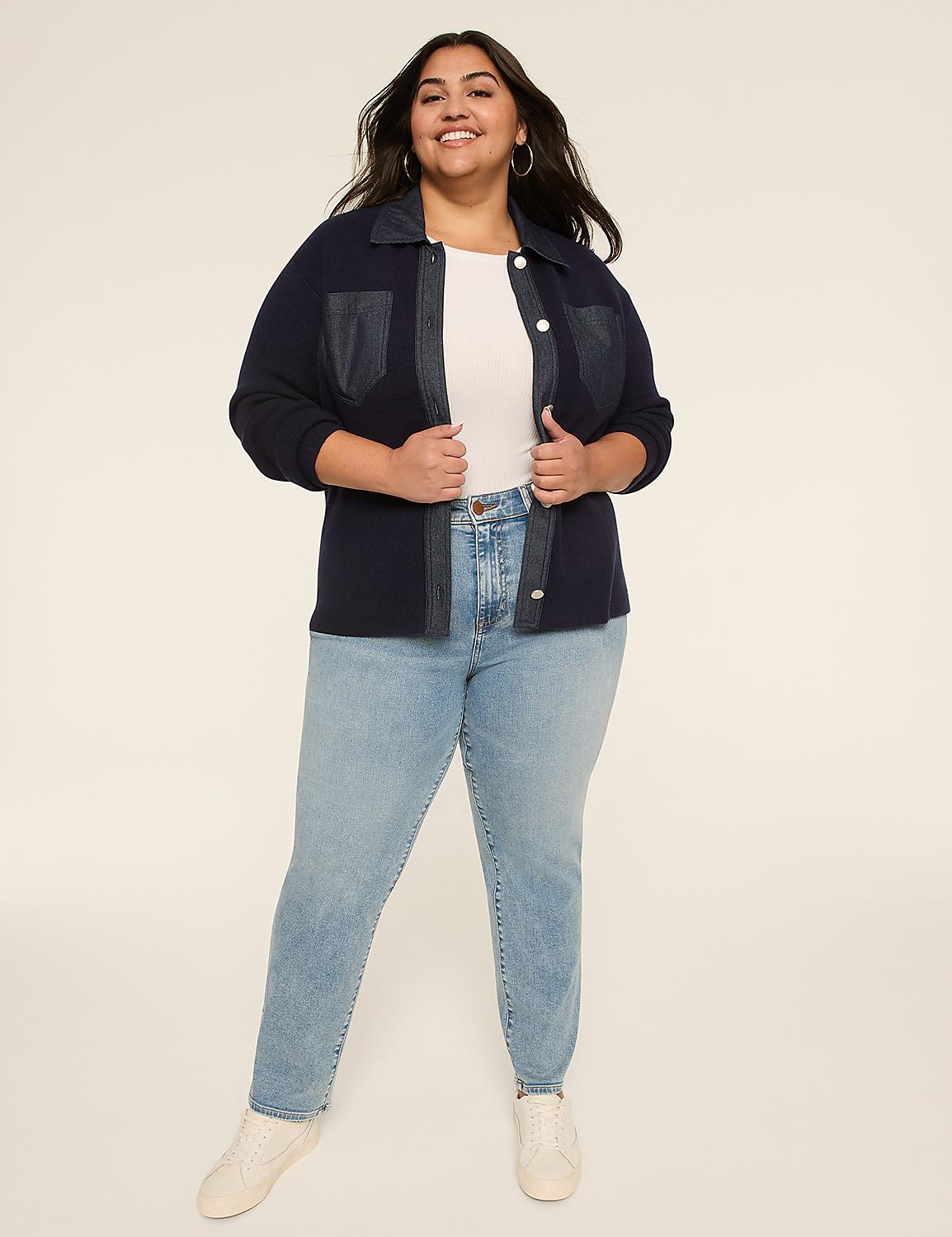 Denim-Trim Button-Front Cardigan Product Image 3