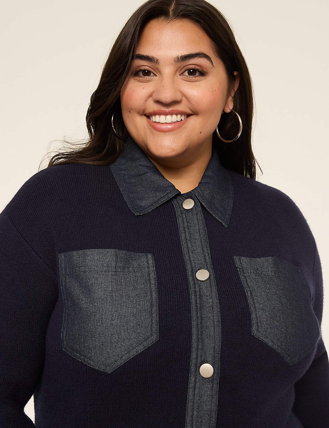 Denim-Trim Button-Front Cardigan | LaneBryant
