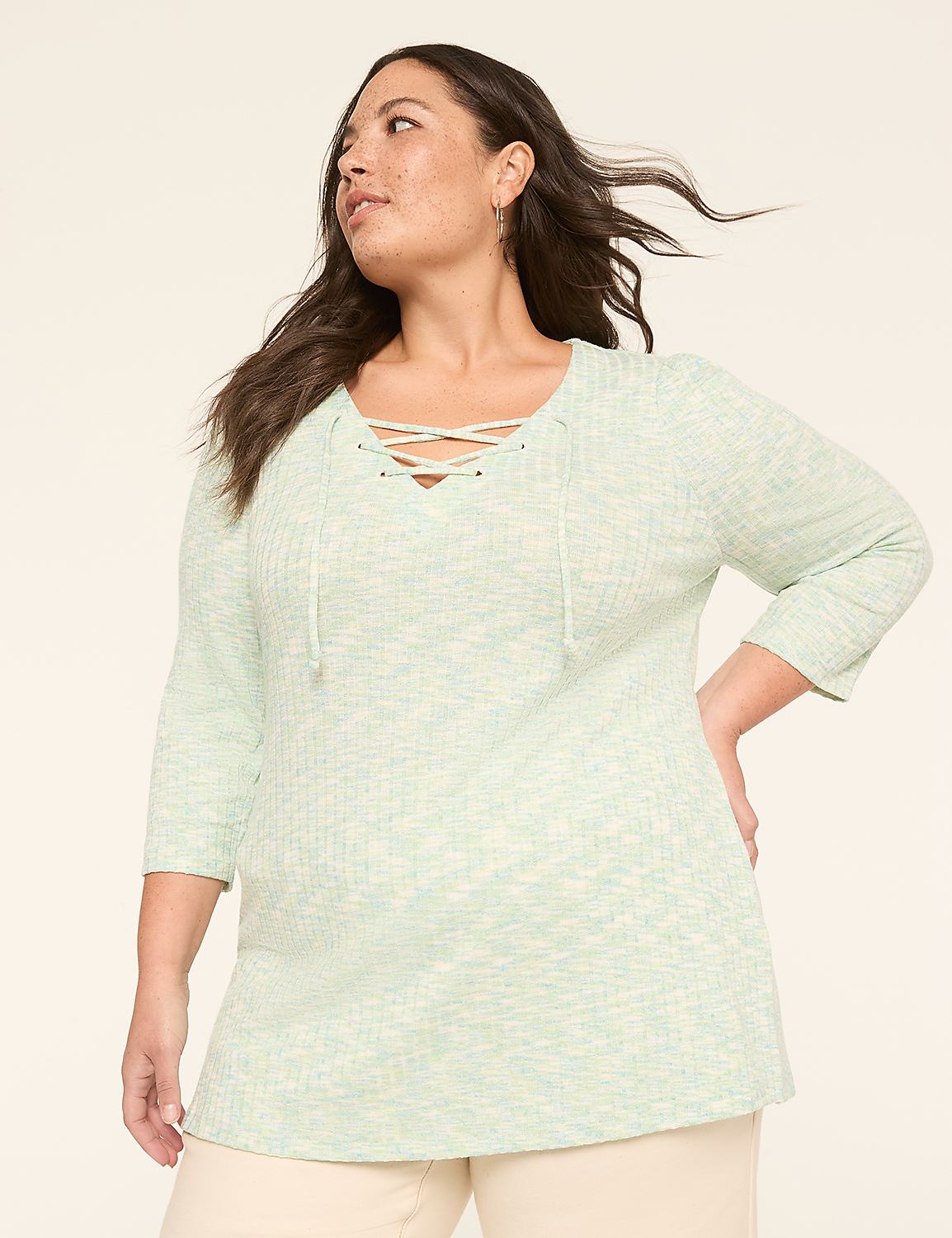3/4-Sleeve V-Neck Lace-Up Top Product Image 1