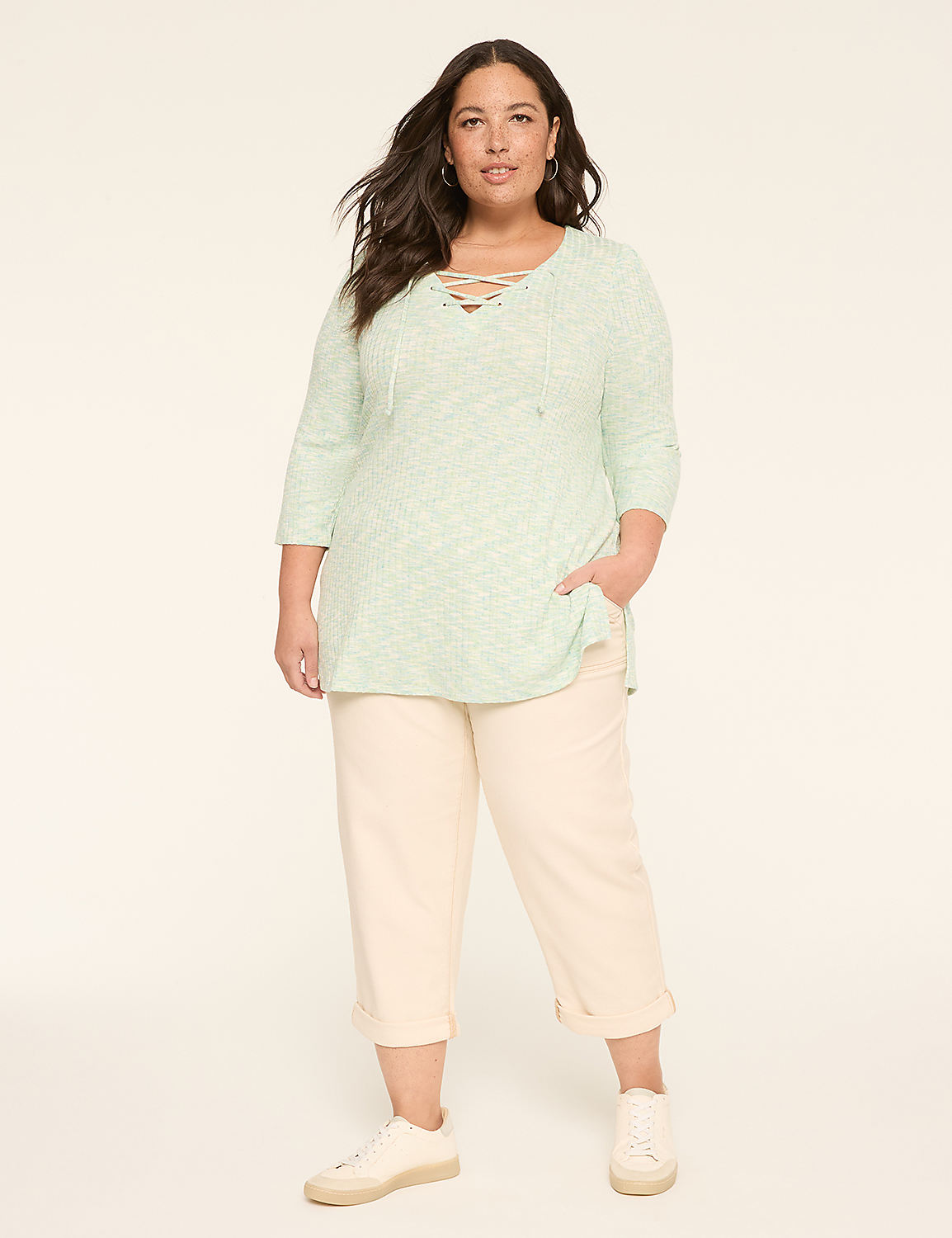 3/4-Sleeve V-Neck Lace-Up Top Product Image 3