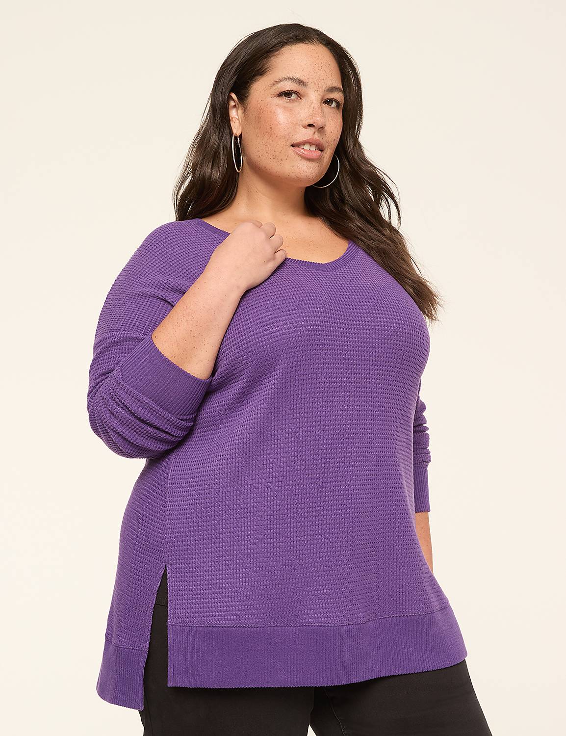 Long-Sleeve V-Neck Waffle Knit Top Product Image 1