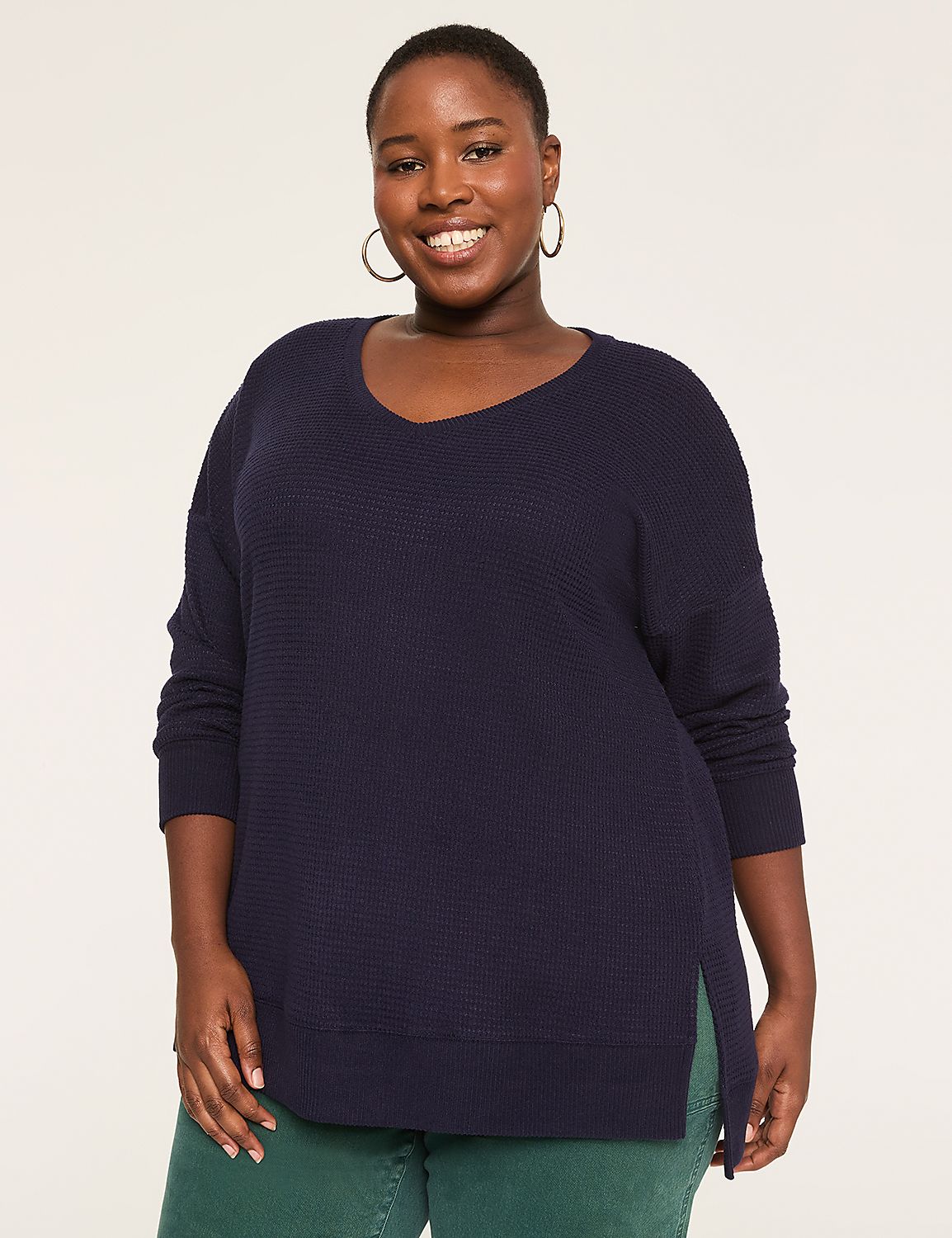 Long-Sleeve V-Neck Waffle Knit Top Product Image 1