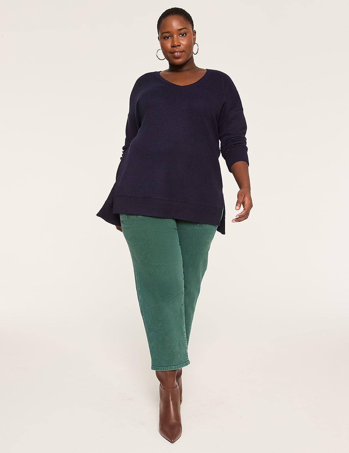 Long-Sleeve V-Neck Waffle Knit Top Product Image 3