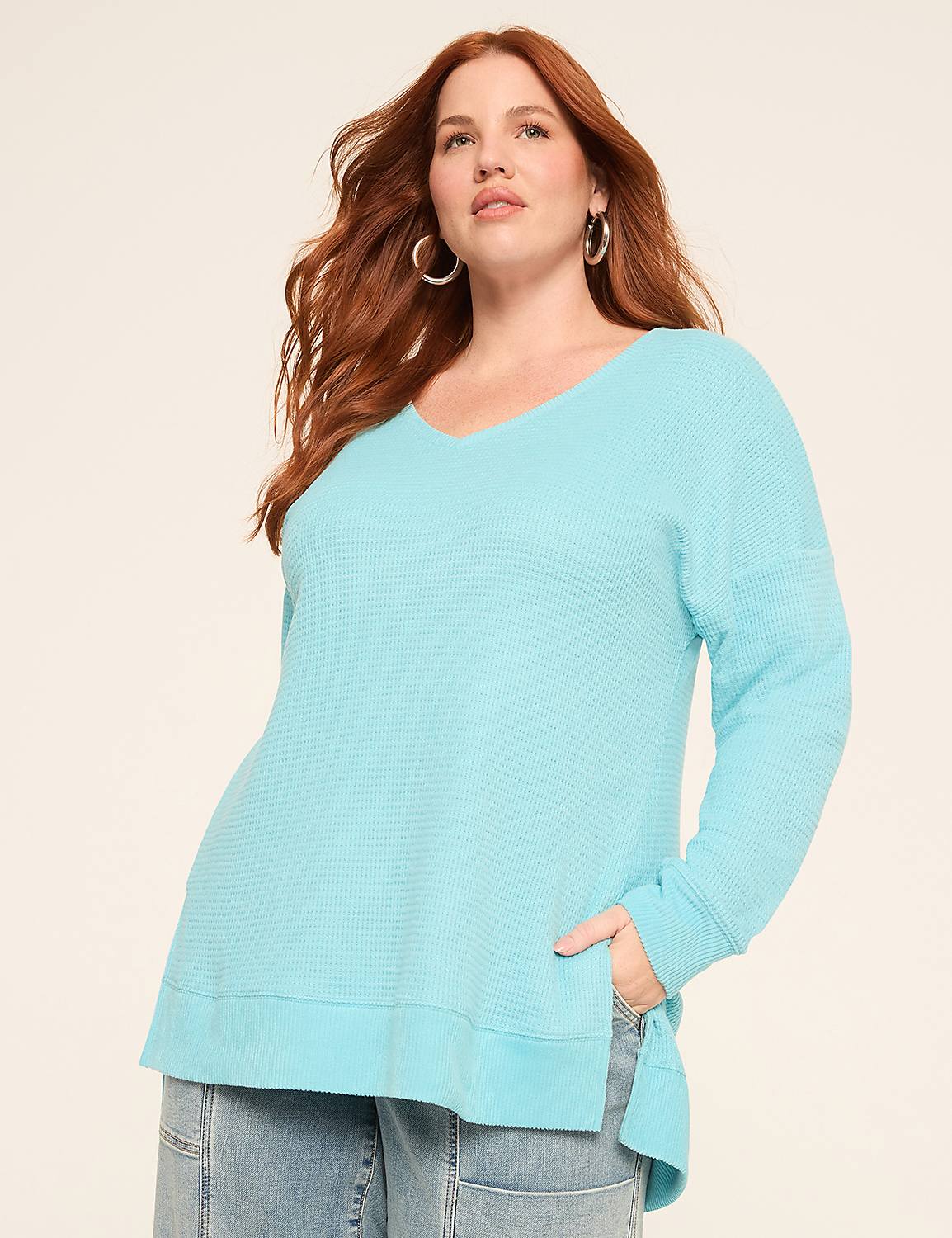 Long-Sleeve V-Neck Waffle Knit Top Product Image 1