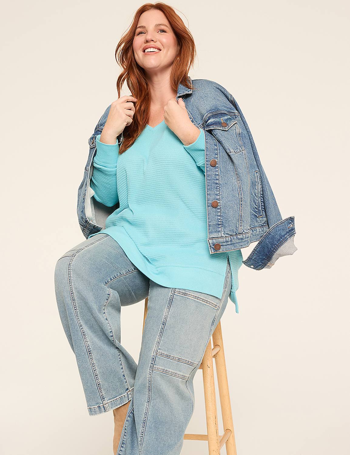 Long-Sleeve V-Neck Waffle Knit Top Product Image 3