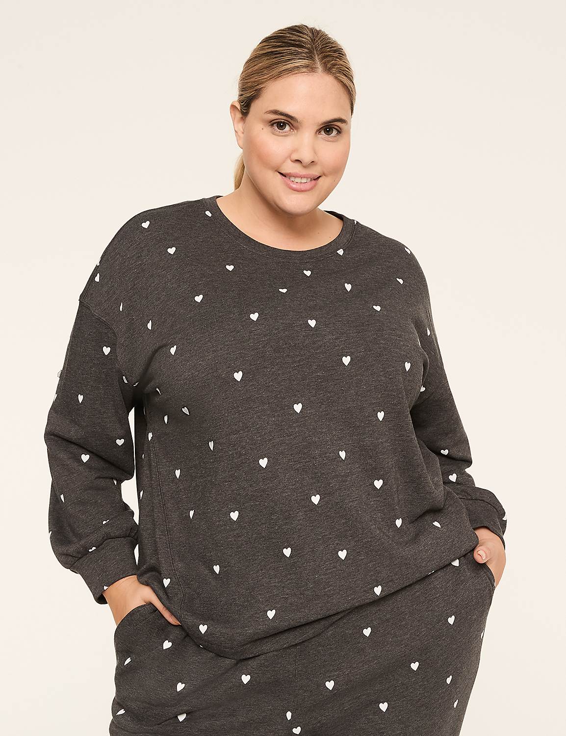 LIVI French Terry Heart Print Crew-Neck Sweatshirt Product Image 1